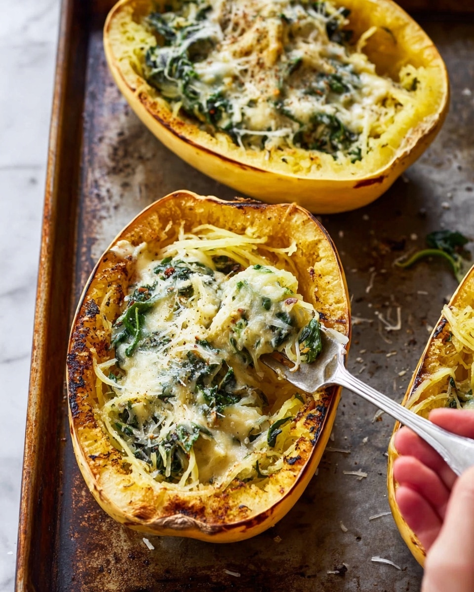 The image shows two halves of a cooked spaghetti squash on a baking tray with a white marbled surface visible around it. Each squash half is filled with multiple layers: the outer yellow-orange squash shell, a soft textured layer of cooked squash flesh, and on top, a mix of creamy cheese and spinach, which has melted and browned. One half has shredded cheese visible on top, mixed with spinach and cheese chunks, while the other half has a smoother cheesy top with some baked spots. A silver fork is scooping some of the cheese and spinach mix from one half, held by a woman's hand. Photo taken with an iphone --ar 4:5 --v 7