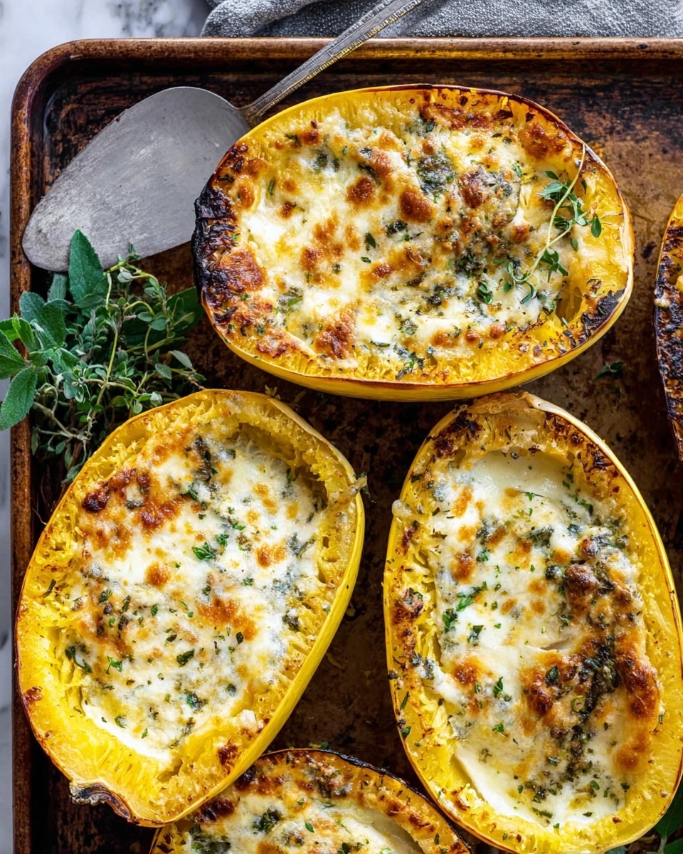 Two halves of spaghetti squash are shown on a dark metal baking tray with a white marbled surface underneath. Each half has a yellow outer skin with a soft, pale yellow inside filled with a melted, browned cheese topping that is golden and slightly crispy with specks of green herbs and black pepper. There are some fresh small green herb sprigs placed on top, adding freshness. The cheese layer has browned in spots, revealing a textured surface with bubbling around the edges. The scene is lit softly to enhance the warm colors and textures of the baked squash photo taken with an iphone --ar 4:5 --v 7