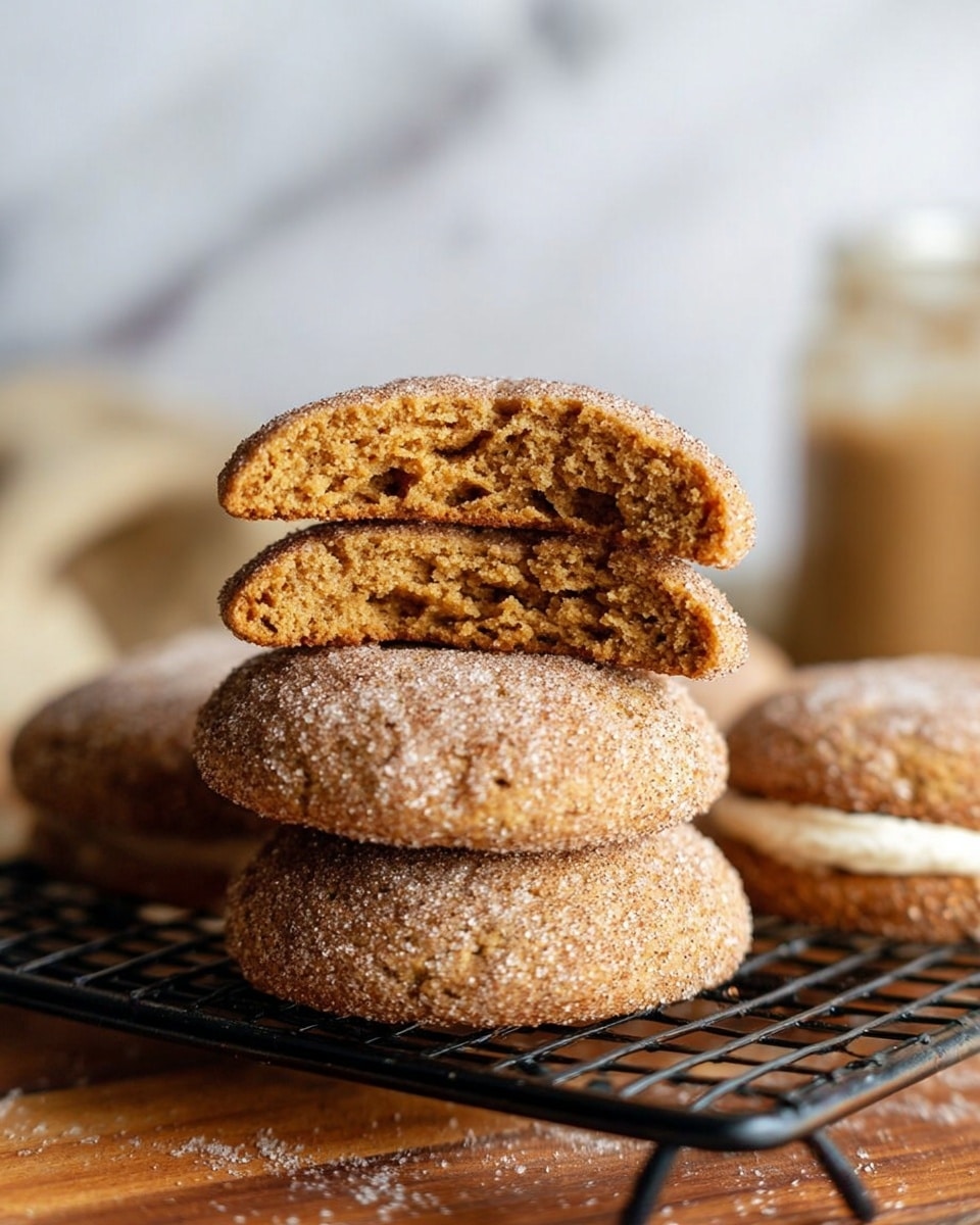 The image shows three round cookies stacked on a black wire rack placed on a wooden surface with a white marbled background. The bottom two cookies are whole, covered in a coarse layer of sugar and cinnamon, with a rough textured surface and a golden-brown color. On top of these, the third cookie is broken into two halves, showing a soft, airy inside with a light brown color and many small holes. Behind the stack, there is a blurred jar and another cookie with creamy filling visible on the right side. The photo taken with an iphone --ar 4:5 --v 7