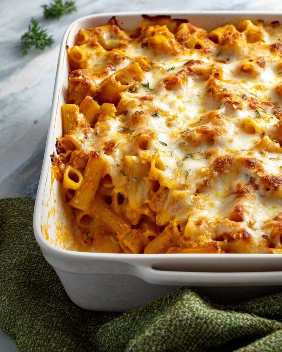 This image shows a white square baking dish filled with one thick layer of baked rigatoni pasta covered fully with melted, golden-brown cheese on top. The pasta is soft and coated in a creamy tomato sauce, with melted cheese stretching slightly over the pasta edges. The dish sits on a green textured cloth with a white marbled background visible around it. Photo taken with an iphone --ar 4:5 --v 7