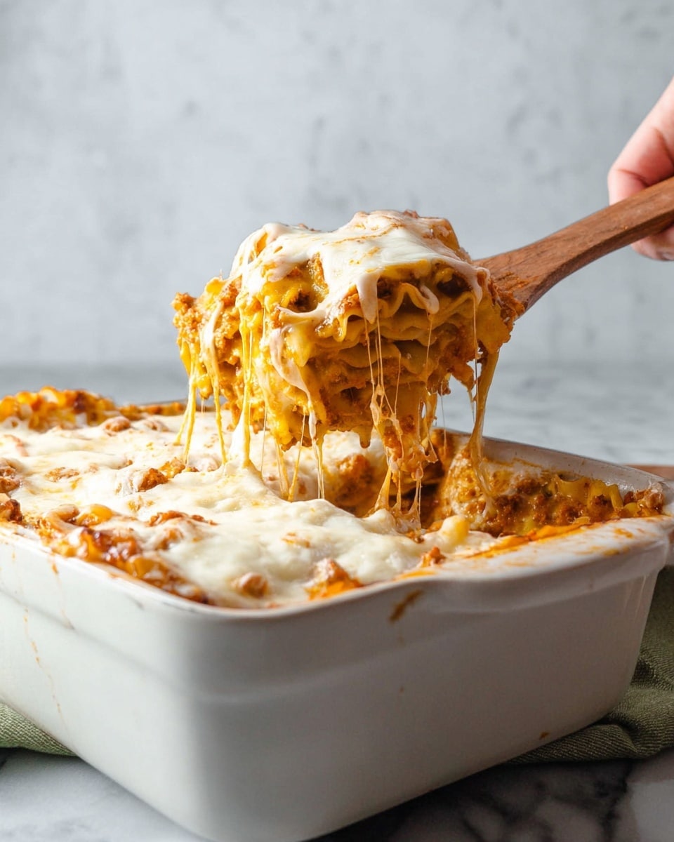 The image shows a white square baking dish filled with two layers of baked pasta. The bottom layer is orange-red pasta tubes coated in sauce, and the top layer is melted white cheese spread unevenly with a slightly soft texture. The dish sits on a white marbled surface with scattered small bowls and kitchen items around it, including a yellow plate with grated cheese and a wooden bowl with green herbs, all softly lit in natural light. Photo taken with an iphone --ar 4:5 --v 7