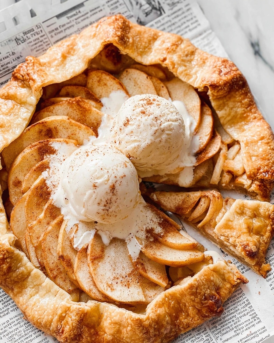 A round rustic pie with a golden crust folded unevenly around the edges. Inside, there are several layers of thin, light brown apple slices dusted with cinnamon, arranged in a circular pattern close to the border. In the center, two scoops of white vanilla ice cream sit on top, melting slightly and creating creamy white pools over the apples and crust. The pie rests on sheets of newspaper atop a white marbled surface. Photo taken with an iphone --ar 4:5 --v 7