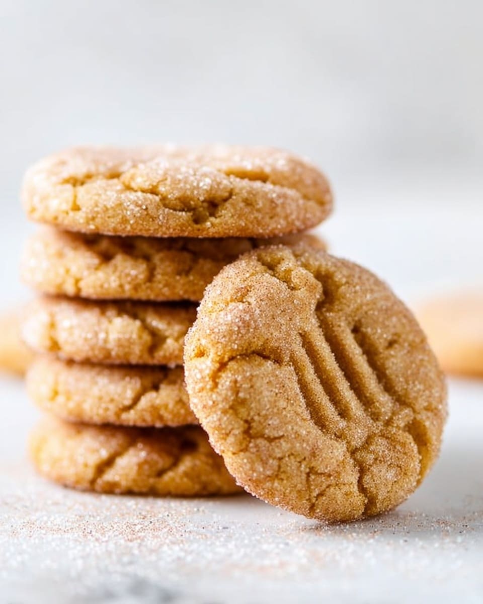 A stack of soft golden brown cookies sits on a white marbled surface, with one cookie leaning against the stack in the front. Each cookie has a slightly cracked top with a sugar coating that gives a sparkling texture, and the round cookie in front shows three clear fork marks pressed into its surface. The cookies have a warm, inviting color with a light dusting of sugar, and the background is a clean, soft white creating a simple and bright look. photo taken with an iphone --ar 4:5 --v 7