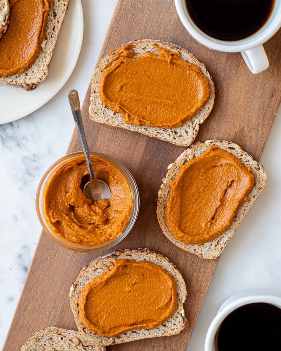 The image shows a small clear glass bowl filled with a thick, smooth, orange-brown spread, which has some texture swirled on top. A silver spoon is dipped into the bowl, resting inside. Surrounding the bowl are several slices of light tan bread toasted to a soft brown color with the same orange-brown spread lightly spread on top. A white cup filled with black coffee sits to the right of the bowl and bread. All items are placed on a white marbled surface. photo taken with an iphone --ar 4:5 --v 7