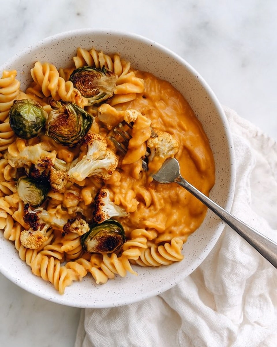 A close-up view of a cooking pot filled with three layers: the bottom layer is white spiral pasta partially visible under a thick, creamy orange sauce that forms the second layer, covering the pasta. The top layer consists of toasted pieces of cauliflower and halved Brussels sprouts, browned and crisp on the edges, scattered unevenly over the sauce. The pot is gray metal with handles, set against a white marbled surface. A wooden spoon is placed inside the pot on the right side. photo taken with an iphone --ar 4:5 --v 7
