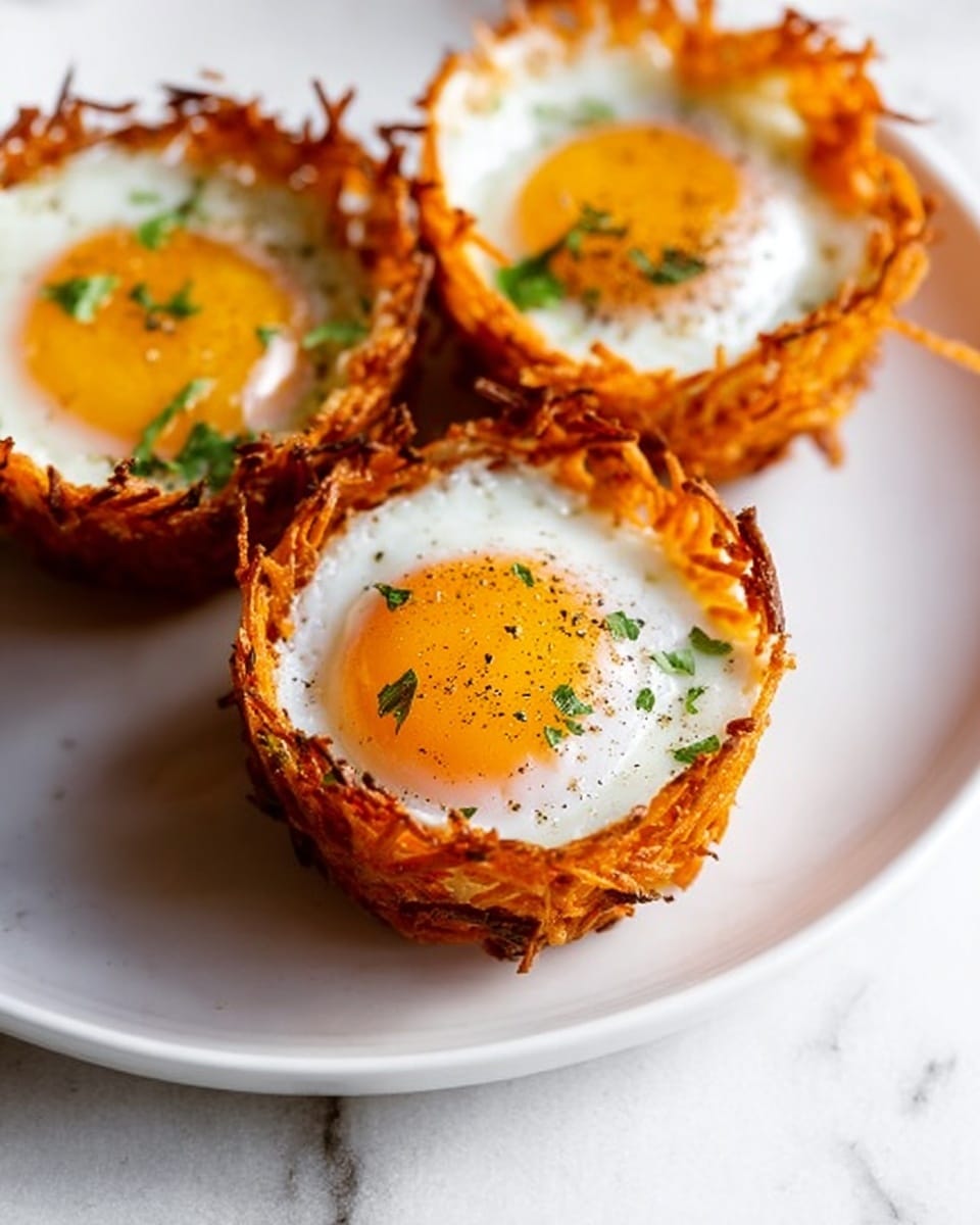 The image shows a close-up of small round cakes on a white plate, each with two layers. The bottom layer is a rough textured orange base made of shredded sweet potato or similar vegetable. The top layer is a smooth white cooked egg with a visible yolk in the center, slightly soft and sprinkled with black pepper and small green herb pieces. The cakes are arranged closely together on the plate. The background is a white marbled surface with a soft white cloth in the distance. photo taken with an iphone --ar 4:5 --v 7