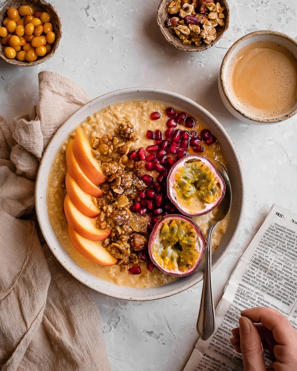A white bowl filled with creamy oatmeal forms the base layer, having a soft, slightly lumpy texture in a warm beige color. On top, from left to right, is a neat row of thin peach-colored apple slices with their red edges visible, then small bright orange melon balls clustered together. At the center, there is a halved passion fruit showing its yellow pulp and black seeds, sitting on a smooth layer of light brown nut butter spread across part of the oatmeal. Scattered around the passion fruit and on the oatmeal are dark red pomegranate seeds and a handful of small pecans, adding crunchy texture. A silver spoon rests inside the bowl on the right side. The bowl sits on a piece of light brown printed paper and a soft beige cloth, all placed on a white marbled surface. Behind the bowl is a glass jar filled with nut butter and a white cup seen partially. Photo taken with an iphone --ar 4:5 --v 7