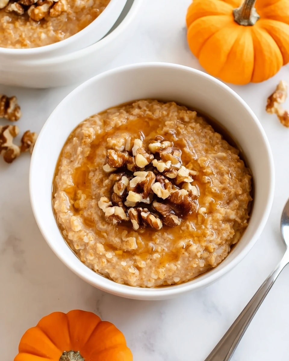 A white bowl filled with a warm, thick oatmeal that has a light brown color and a slightly textured surface. On top, there is a small pile of roughly chopped walnuts that add a rough, chunky texture with light and dark brown hues. A drizzle of syrup with a shiny, golden color is spread over the oatmeal and walnuts, giving a glossy finish. The bowl sits on a white marbled surface, surrounded by two small orange pumpkins and part of another white bowl with the same oatmeal visible in the top left corner. There is also a small metallic spoon on the right side near the edge of the bowl. photo taken with an iphone --ar 4:5 --v 7