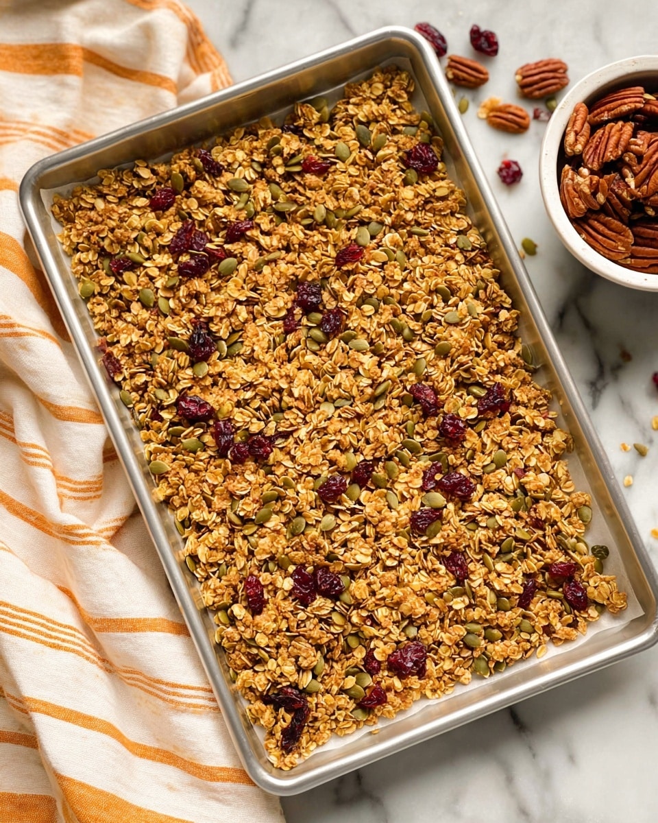 A gray bowl filled with three layers: the bottom layer is white milk, the middle layer has chunks of light yellow fruit pieces, and the top layer is a mix of golden brown granola with dark red dried fruits and green pumpkin seeds scattered throughout. A silver spoon rests in the bowl on the right side. The bowl sits on a white marbled surface with scattered pumpkin seeds and dark red dried fruits around it. In the background, there is a glass jar filled with granola and a white bowl filled with pecans, along with a cream-colored cloth with red and yellow stripes. photo taken with an iphone --ar 4:5 --v 7
