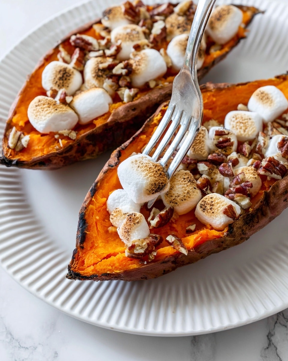 Two halves of a roasted sweet potato with the bright orange inside soft and smooth, held in the dark, rough skin on a white plate with a ridged edge. Each half is covered with a layer of small toasted marshmallows that are light brown on top, along with chopped pecans sprinkled across. A fork is pressing into the orange sweet potato in the closest half, showing its soft, mashed texture under the marshmallows and nuts. The white plate sits on a white marbled surface. Photo taken with an iphone --ar 4:5 --v 7