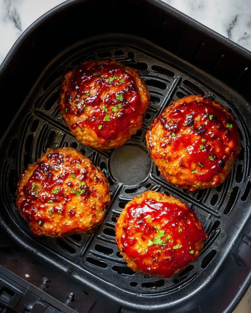 The image shows several small meatloaf pieces placed on crumpled white parchment paper over a white marbled surface. Each meatloaf piece is sliced into thick sections, revealing a moist, textured inside that is light brown with small green herb bits. The outside has a shiny, reddish-brown glaze that looks slightly caramelized and glossy. Small bits of green herbs are sprinkled on top and around the meatloaf. The overall look is warm, rustic, and inviting. Photo taken with an iphone --ar 4:5 --v 7