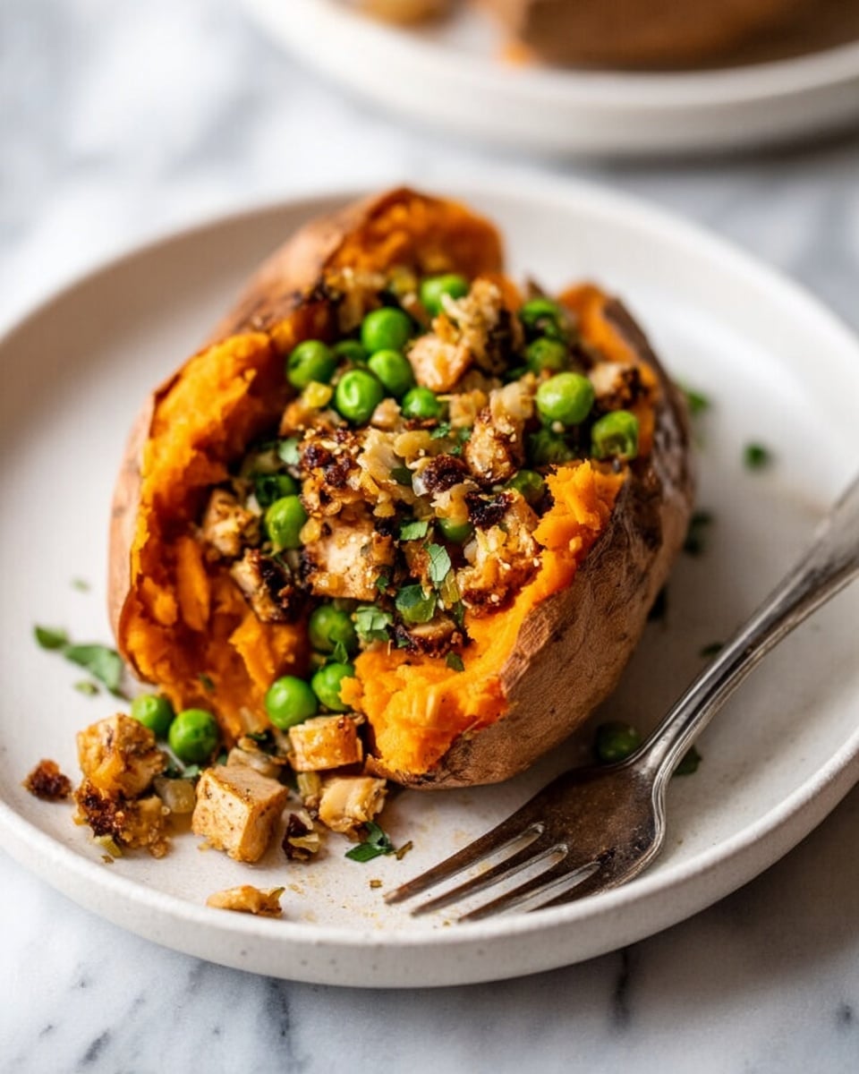 A baked sweet potato split open and filled with a stuffing made of lightly cooked ground meat, small pieces of mushrooms, orange carrot strips, and bright green peas. The sweet potato skin is a warm brown-orange color, and the soft orange inside is visible beneath the filling. The dish is placed on a simple white plate on a white marbled surface. A silver fork rests next to the sweet potato, and a few pieces of the filling are scattered on the plate around it. Photo taken with an iphone --ar 4:5 --v 7