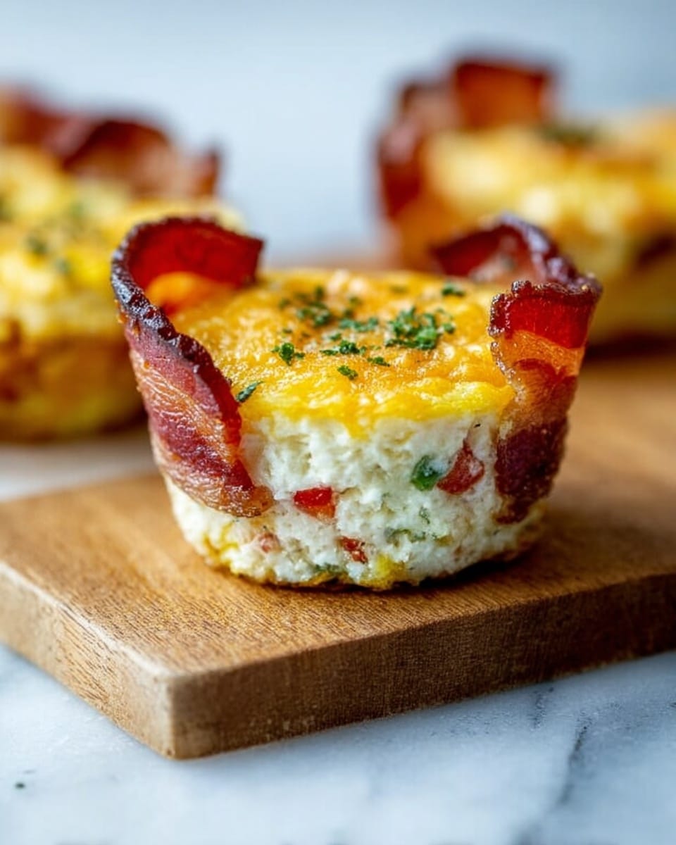A close-up of a small, open-faced egg muffin resting in a white plate, with a base layer of crispy bacon forming a cup shape around the muffin. Inside, the egg layer is yellow and speckled with small pieces of green broccoli and red bell pepper, all topped with melted cheddar cheese. The texture looks soft and fluffy for the egg, with the bacon crispy on the edges. Behind the muffin, blurred leafy green salad adds a fresh touch. The plate sits on a white marbled surface with a fork on the side. Photo taken with an iphone --ar 4:5 --v 7