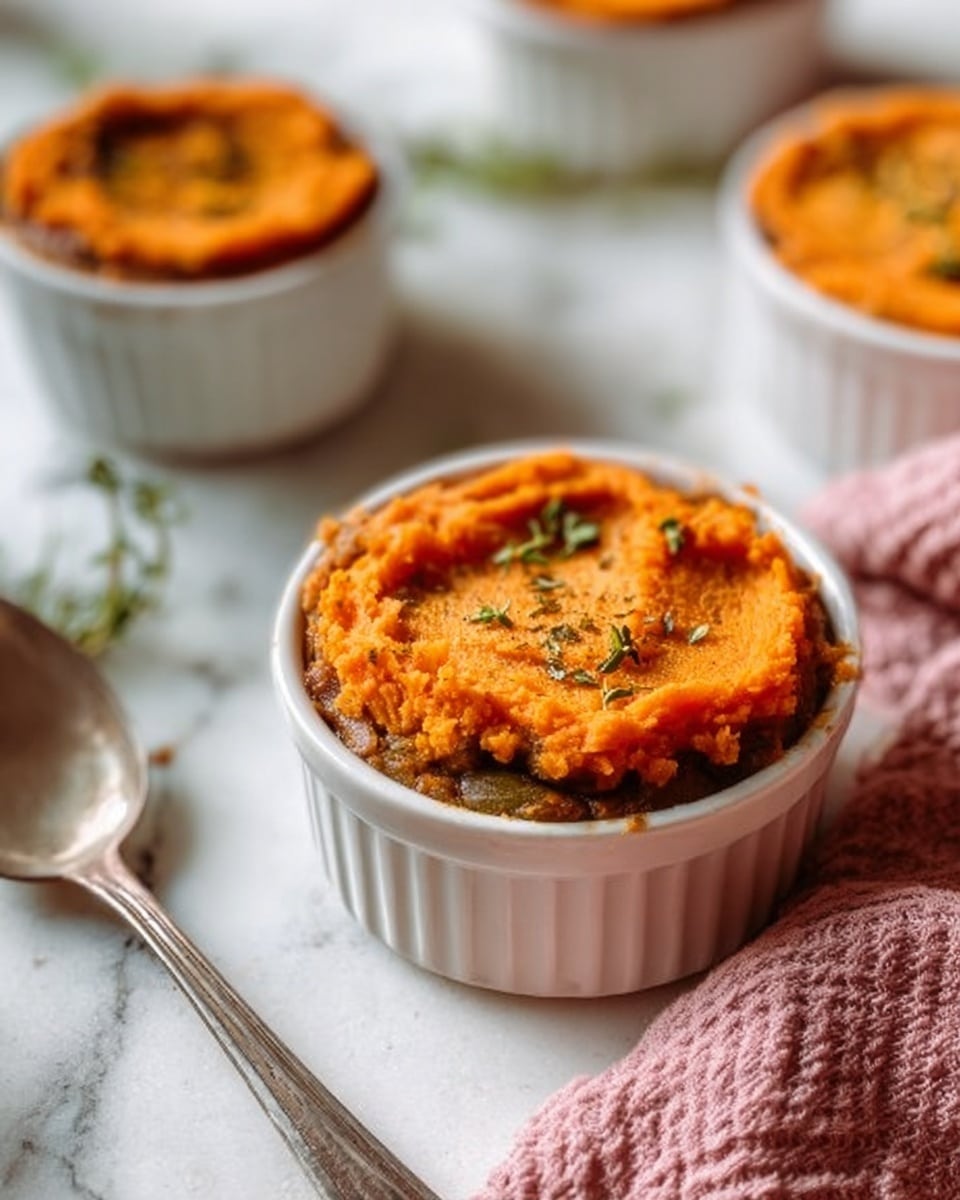 The image shows a small white oval dish filled with a layered casserole on a white marbled surface. The bottom layer consists of creamy mixed vegetables including green peas and carrots in a thick sauce. On top of this is a bright orange layer of mashed sweet potatoes, with a textured surface that looks soft and smooth. A spoon is dipped into the dish, scooping out some of the casserole, and a woman's hand is holding the spoon. In the background, there are two white bowls filled with more bright mashed sweet potatoes. Photo taken with an iphone --ar 4:5 --v 7