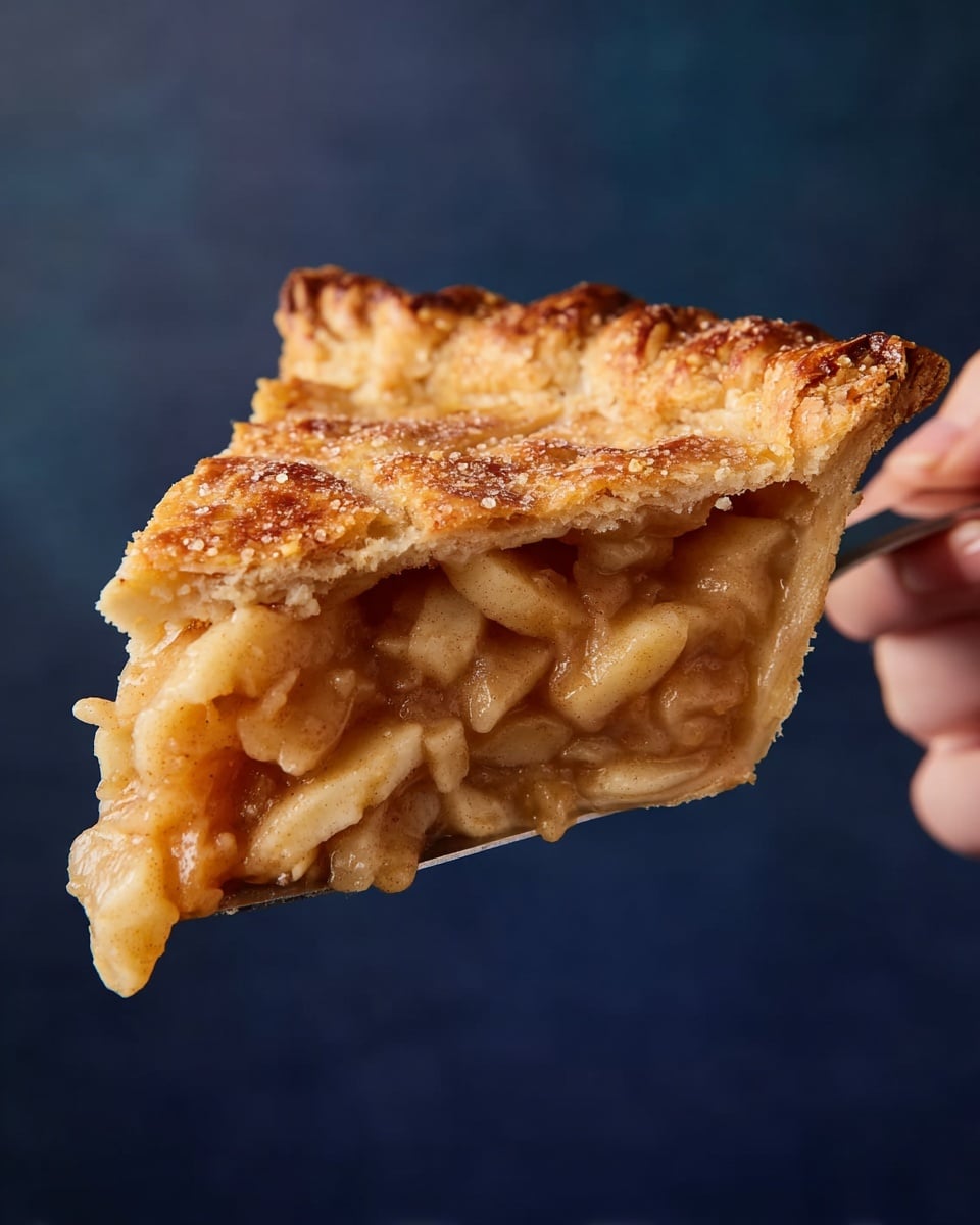 A slice of apple pie is held by a woman's hand using a pie server, showing three clear layers: the top golden-brown crust with a slightly rough texture and sprinkled sugar crystals; the middle layer filled with soft, chunky apple pieces mixed with glossy, light brown syrup; and the bottom crust, firm and well-baked, holding the pie together. The background is a dark blue color. photo taken with an iphone --ar 4:5 --v 7