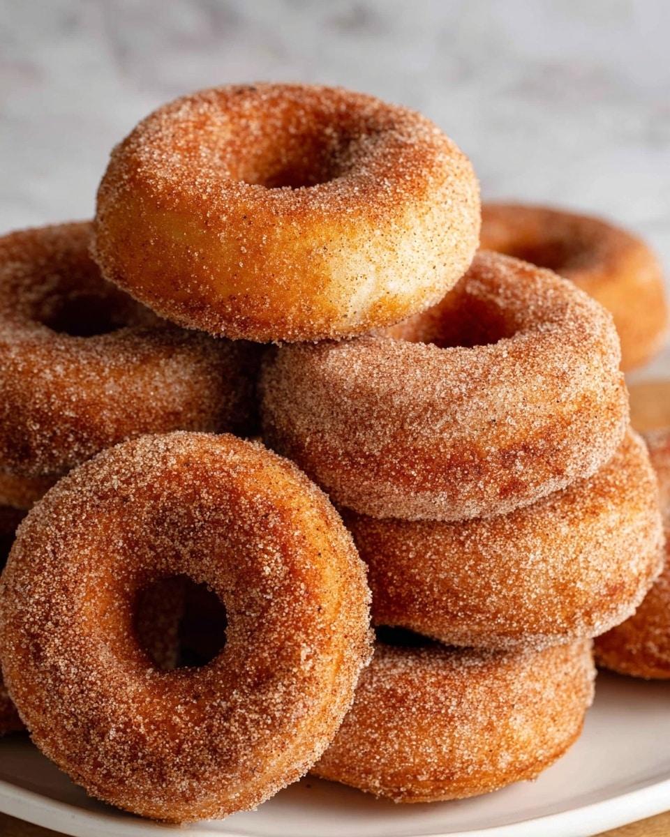 The image shows two cinnamon sugar donuts, one stacked on top of the other. The top donut is bitten, revealing a soft and airy inside with a light golden brown color and a porous texture. The outside of both donuts is coated evenly with a layer of cinnamon sugar, giving a rough, grainy look with a mix of light and dark brown shades. The donuts rest against a white marbled surface, creating a warm and tasty feeling. Photo taken with an iphone --ar 4:5 --v 7