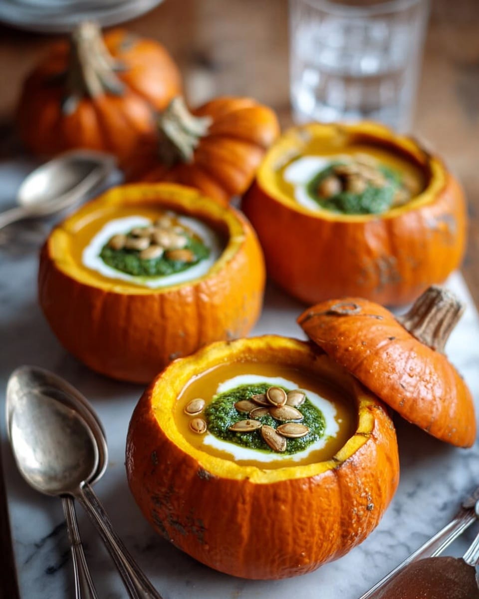 A small orange pumpkin hollowed out and used as a bowl filled with smooth orange pumpkin soup. On top of the soup, there is a swirl of white cream on one side, a dollop of green herb pesto in the center, and a small pile of toasted pumpkin seeds near the front. The pumpkin bowl sits on a dark wooden surface with another pumpkin blurred in the background. photo taken with an iphone --ar 4:5 --v 7