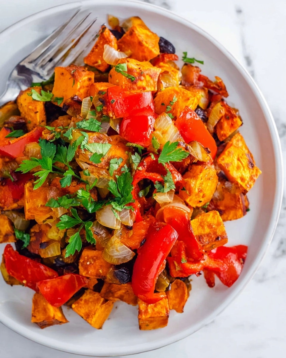 A black cast iron pan sits on a white marbled surface with a blue and white checkered cloth underneath. Inside the pan is a colorful mix of chopped orange sweet potatoes, dark beans, and green kale, all cooked together with some small bits of cooked onions. On top, there are three slices of fresh green avocado, each sprinkled lightly with a red spice and garnished with a small sprig of parsley. Around the pan, fresh parsley sprigs and a halved avocado are placed casually. The background is simple and white with a slightly worn wooden texture. Photo taken with an iphone --ar 4:5 --v 7
