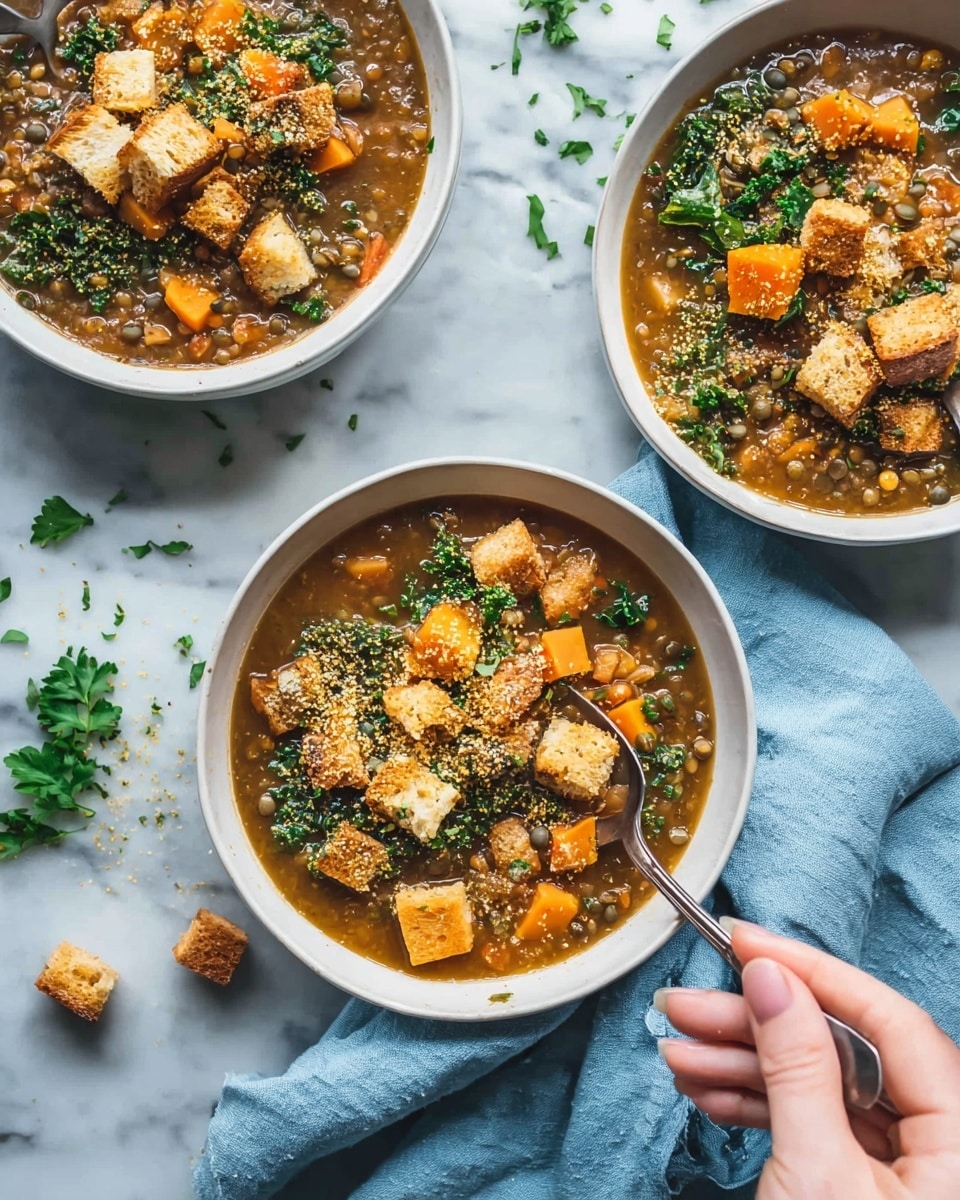 A white bowl filled with a hearty soup containing orange chunks of roasted squash, dark green spinach leaves, small beige croutons, and a mix of grains like quinoa or barley, all sitting in a rich brown broth. A silver spoon rests inside the bowl with a woman's hand holding it. Around the bowl, there are scattered pieces of croutons and green spinach leaves on a white marbled surface. Nearby, there is a hint of a white plate and a blue cloth on the left side. Photo taken with an iphone --ar 4:5 --v 7