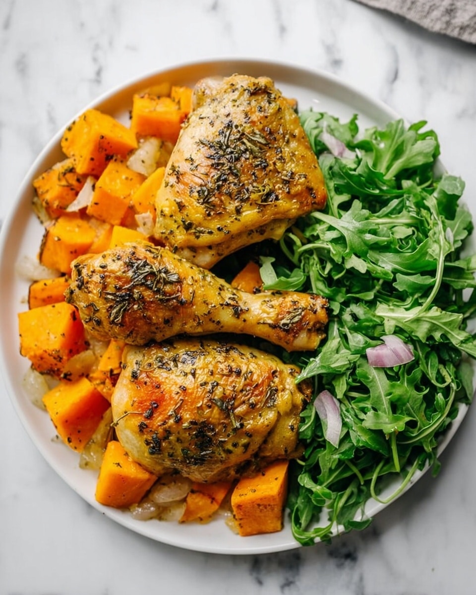 A white plate on a white marbled surface holds a meal with three main parts: two golden brown roasted chicken legs covered in black pepper and herbs placed in the center, bright orange chunks of cooked sweet potato mixed with translucent yellow onion pieces on the left side, and fresh green leafy arugula piled on the right side, creating a colorful and simple presentation. Photo taken with an iphone --ar 4:5 --v 7