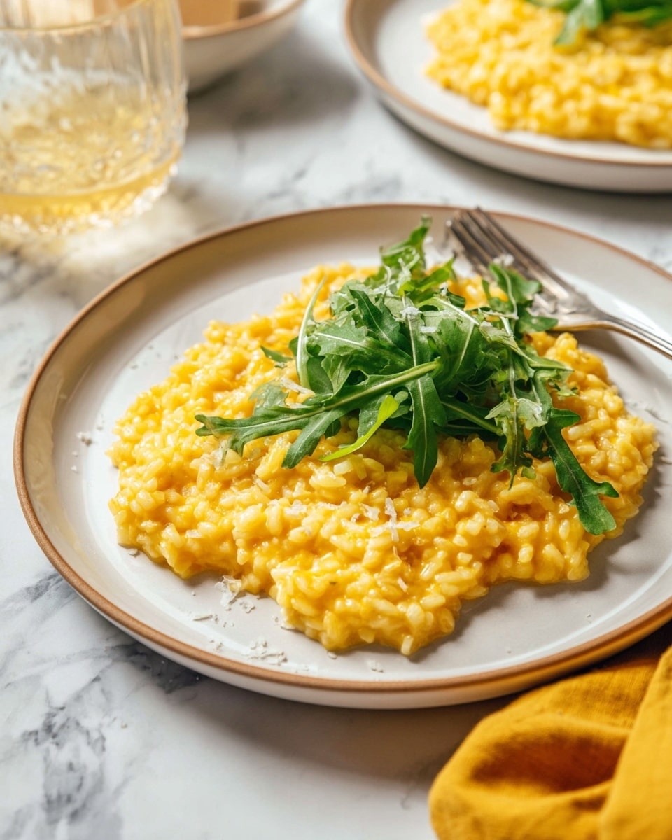 A white plate holds a single layer of bright yellow creamy risotto with visible grains and a soft texture, topped with a small bunch of fresh green arugula leaves in the center. A silver fork rests on the right side of the plate partly on the risotto. The plate is placed on a larger white plate, all set on a white marbled surface. In the background, there is a blurry view of another plate with the same risotto. A glass with a drink is placed to the left side. A yellow cloth can be seen at the bottom right corner photo taken with an iphone --ar 4:5 --v 7