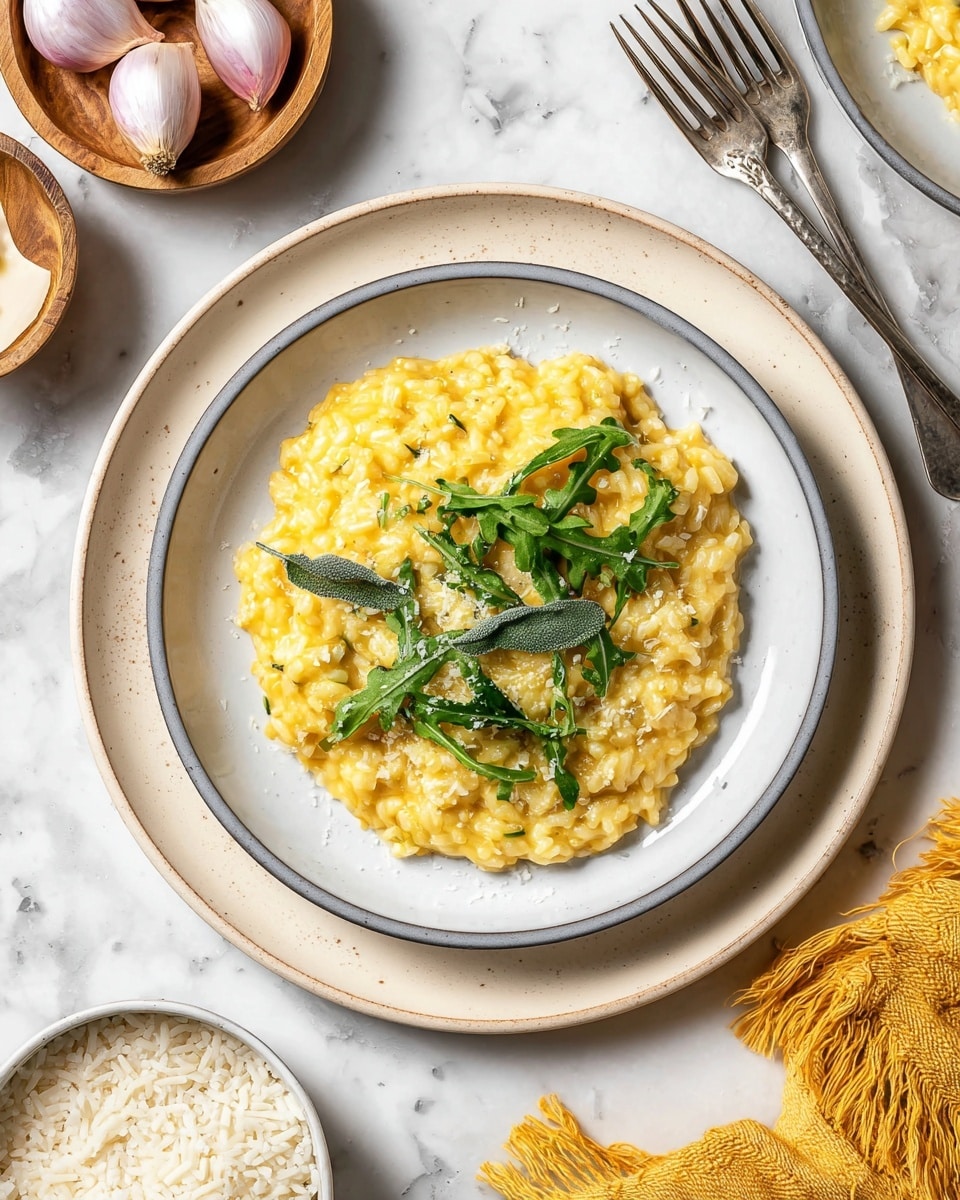 A close-up of creamy yellow risotto spread across a white plate, with visible grains of soft rice mixed with lightly melted cheese and small specks of black pepper. On top, there is a layer of fresh green arugula leaves adding a fresh texture and color contrast. A silver fork lies partially on the risotto at the right side of the plate. The plate is set on a white marbled surface, enhancing the bright colors of the dish. Photo taken with an iphone --ar 4:5 --v 7