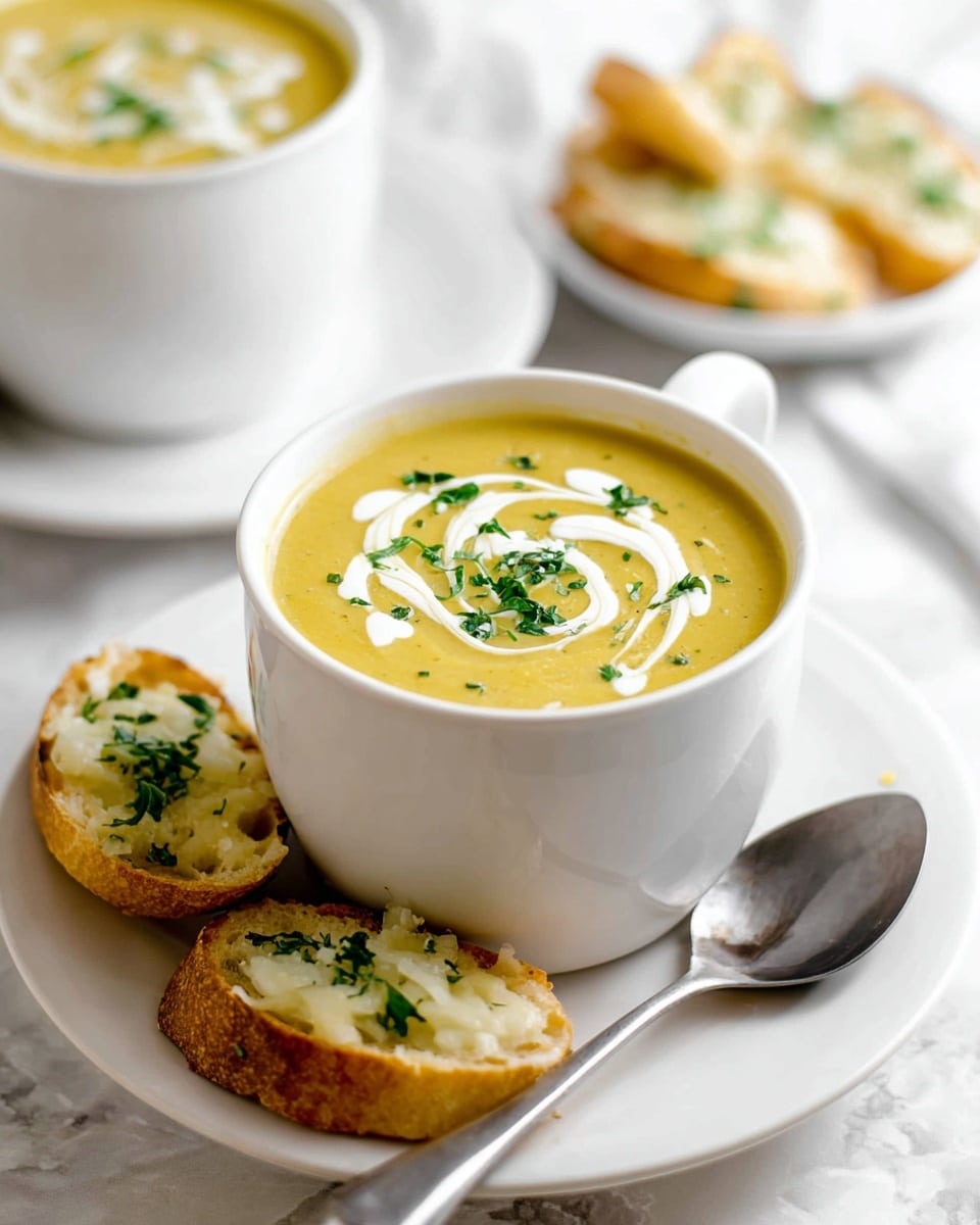 A white cup filled with smooth, creamy yellow soup topped with a swirl of white cream, small white shredded cheese, and sprinkled green herbs. The cup sits on a white plate with three pieces of toasted bread, lightly browned and topped with melted white cheese and chopped green herbs. A shiny silver spoon rests on the right side of the plate. The whole setup is on a white marbled surface with part of a second plate showing in the top right corner. photo taken with an iphone --ar 4:5 --v 7