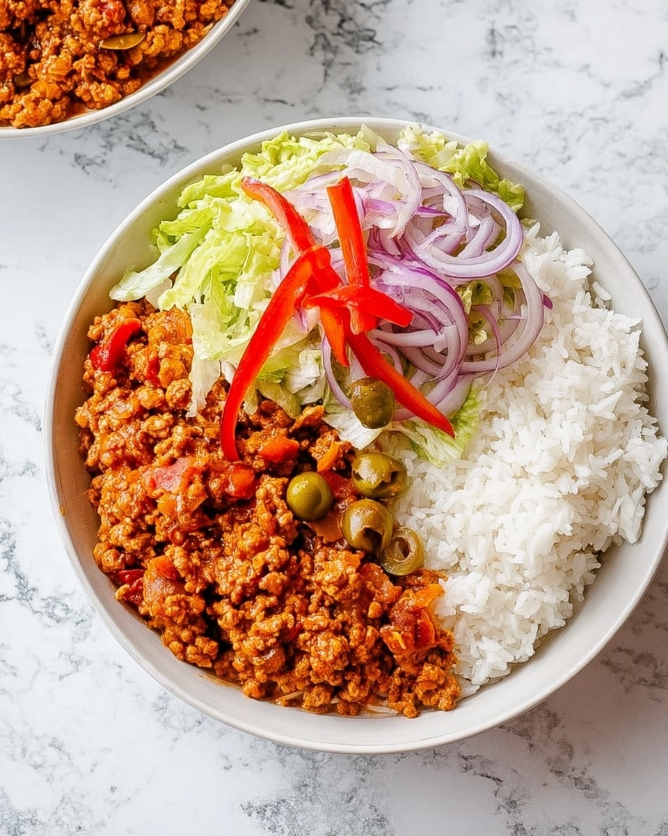 The dish is served in a white round bowl placed on a white marbled surface. Inside, there are three layers: on the right side is a layer of plain white rice with a soft, fluffy texture; on the left side is a thick, crumbly layer of cooked ground meat mixed with small pieces of red vegetables and green olives, showing a rich orange-brown color; on top of the ground meat, there is a fresh layer of thinly sliced vegetables including pale green lettuce, thin red bell pepper strips, and light purple onion rings, giving the dish a colorful and fresh look. Photo taken with an iphone --ar 4:5 --v 7