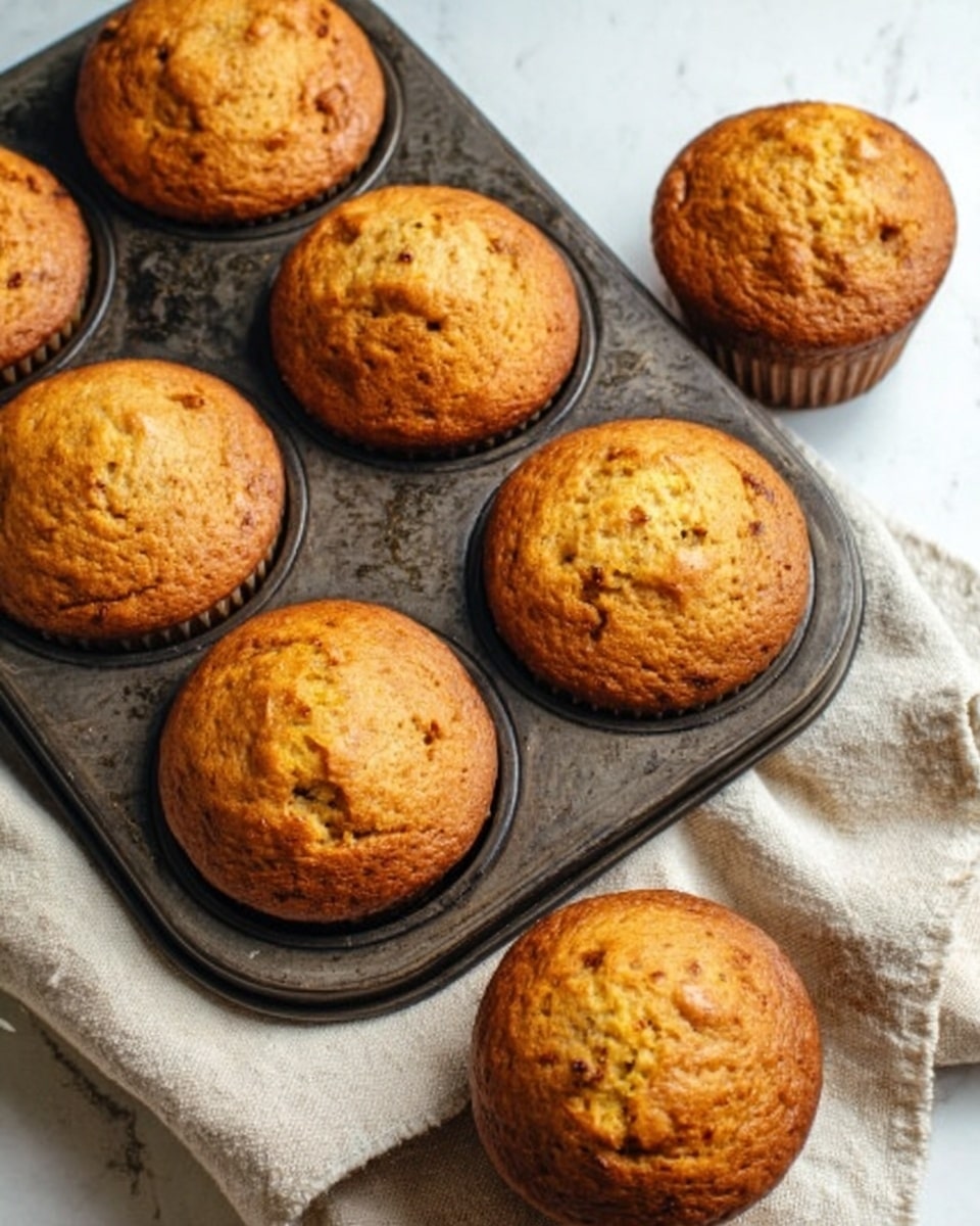 The image shows six golden-brown muffins with a slightly cracked top, five inside a dark metal muffin tray and one placed outside on a light beige cloth. The muffins have a soft, fluffy texture and a warm, inviting color with small darker spots that hint at added ingredients. The dark metal muffin tray has a worn look with some scratches and stains. The background is a white marbled surface. A woman's hand is gently resting near the muffins outside the tray, suggesting a casual, homey scene. Photo taken with an iphone --ar 4:5 --v 7