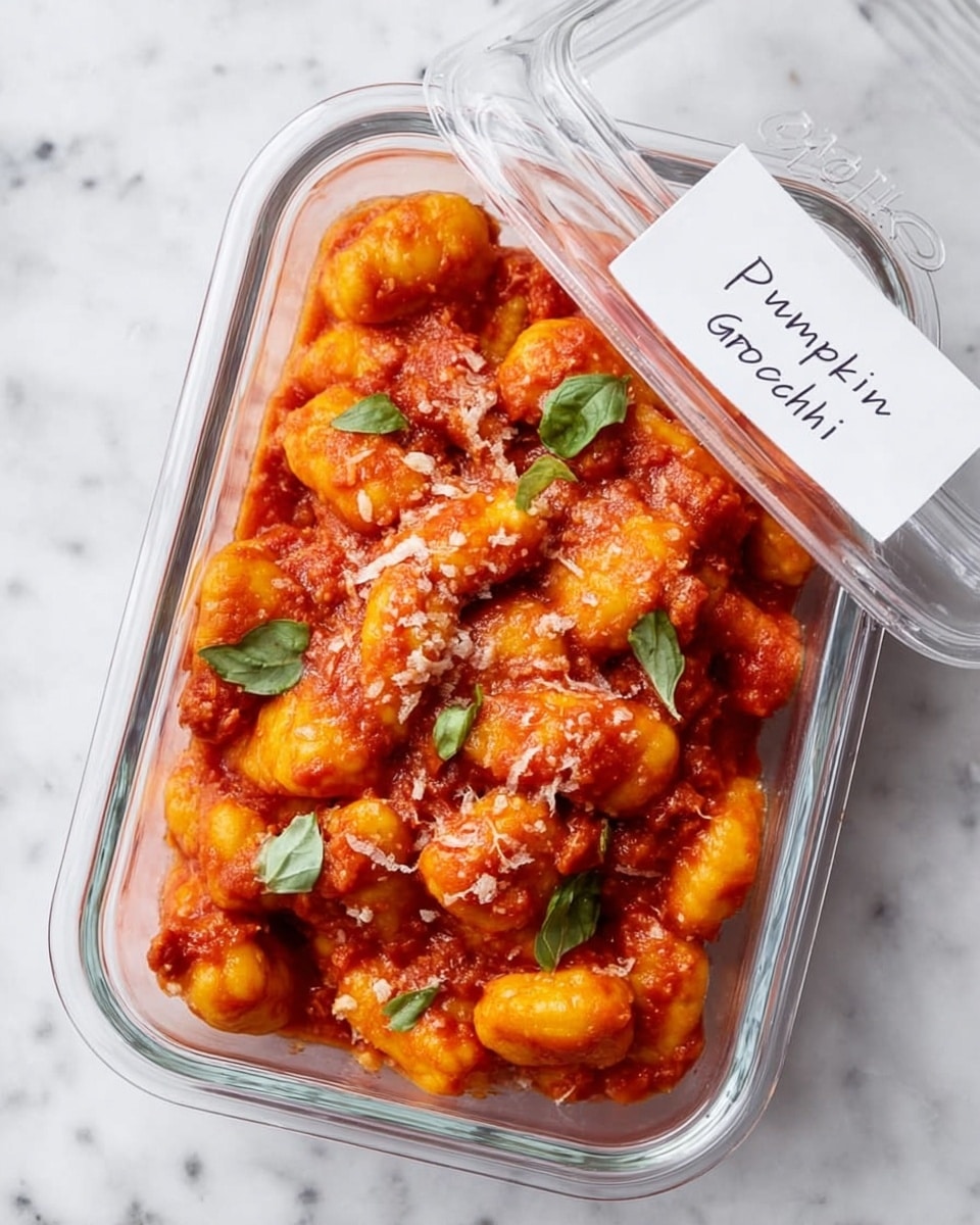 The image shows a clear rectangular glass container filled with bright orange pumpkin gnocchi covered in a thick red tomato sauce. The gnocchi pieces are soft and slightly puffy, coated well with the sauce, and some are sprinkled with grated cheese and fresh green basil leaves scattered on top. The container is placed on a white marbled textured surface, and the lid is partially open with a white label that reads