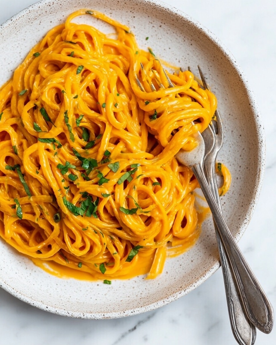 A white speckled plate holds a serving of spaghetti coated in a thick, smooth, bright orange sauce. The pasta strands are twisted and piled in a loose mound covering most of the plate. Small pieces of chopped green herbs are sprinkled on top, adding a fresh contrast to the vivid sauce. The plate is placed on a white marbled surface, with vintage silver fork and spoon resting nearby, and a light gray cloth slightly visible on the upper right side. photo taken with an iphone --ar 4:5 --v 7