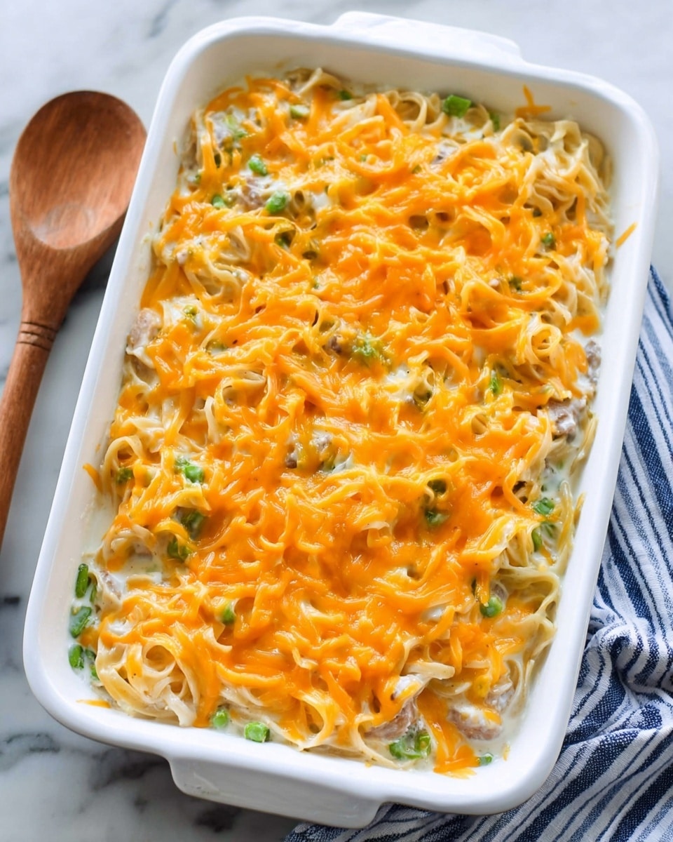 A white rectangular baking dish holds a creamy noodle casserole with three clear layers. The top layer is melted orange cheese, slightly textured and spread thick. Below is a creamy white sauce with noodles mixed in, some green vegetable pieces are visible. The bottom layer shows more noodles and vegetables in creamy sauce. A spoon lifts a serving showing all layers together with stringy noodles and cheese melting over. The dish sits on a white marbled surface with a green and white striped cloth under one corner. Photo taken with an iphone --ar 4:5 --v 7