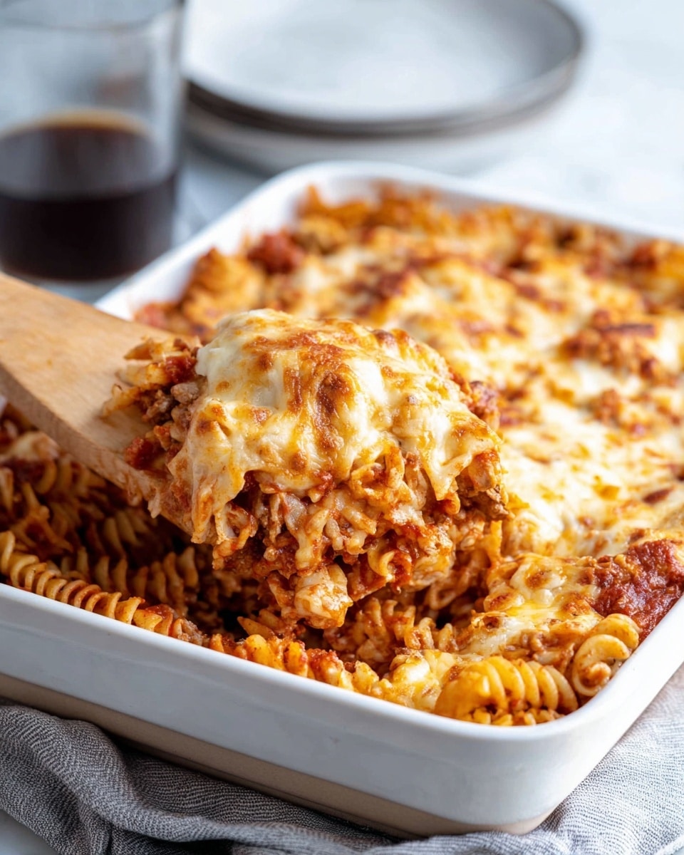 A white bowl holds a cheesy pasta bake with three main layers: the bottom layer is a bed of orange-red cooked spiral pasta, the middle layer has shredded chicken pieces mixed with sauce showing light and dark brown shades, and the top layer is melted cheese with a bubbly, light golden texture melted over the chicken and pasta. A fork lifts a piece of chicken with melted cheese above the bowl, and the background shows a white bowl filled with the same pasta dish and a glass with a dark drink, all set on a white marbled surface. Photo taken with an iphone --ar 4:5 --v 7