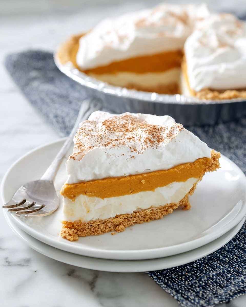 A single slice of pie sits on a white plate with a silver fork beside it; the pie has four clear layers starting with a golden brown crumbly base, followed by a thick white creamy layer, a medium-thick orange pumpkin filling layer, and topped with a thick, smooth white whipped cream layer dusted lightly with brown cinnamon powder. In the background, the pie tin with the remaining pie shows the same four layers with one slice removed, all set on a white marbled surface with part of a textured blue and gray cloth visible nearby. Photo taken with an iphone --ar 4:5 --v 7