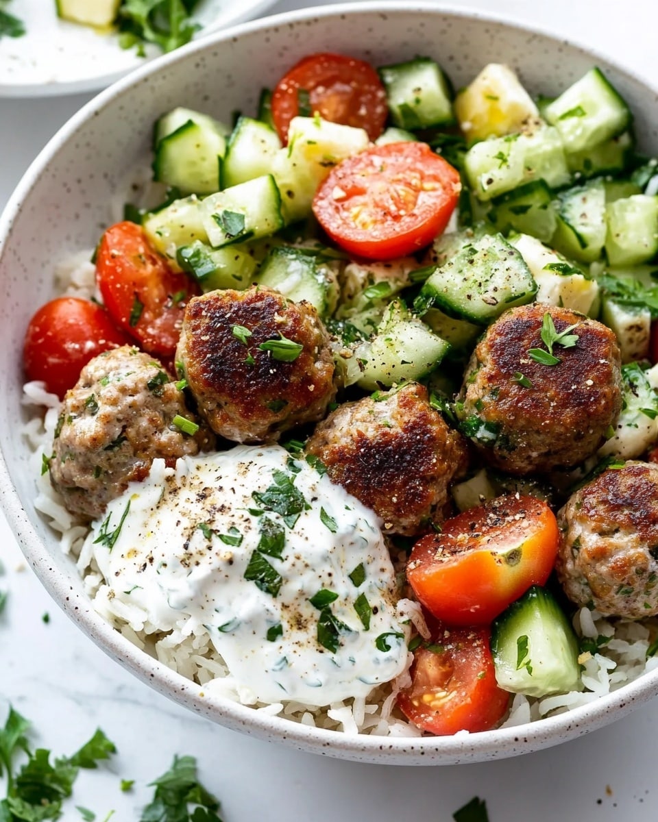 A white bowl sits on a white marbled surface, filled with a layered dish starting at the bottom with white rice. On top, there are golden-brown meatballs, one split open to show its soft, lightly speckled inside. Around the meatballs, there is a fresh salad made of bright red halved cherry tomatoes, green cucumber chunks, and white cheese cubes sprinkled with green herbs. A creamy white sauce with flecks of herbs covers some meatballs and a few pieces of salad. Small green herb sprinkles are scattered over the whole dish. Photo taken with an iphone --ar 4:5 --v 6.1