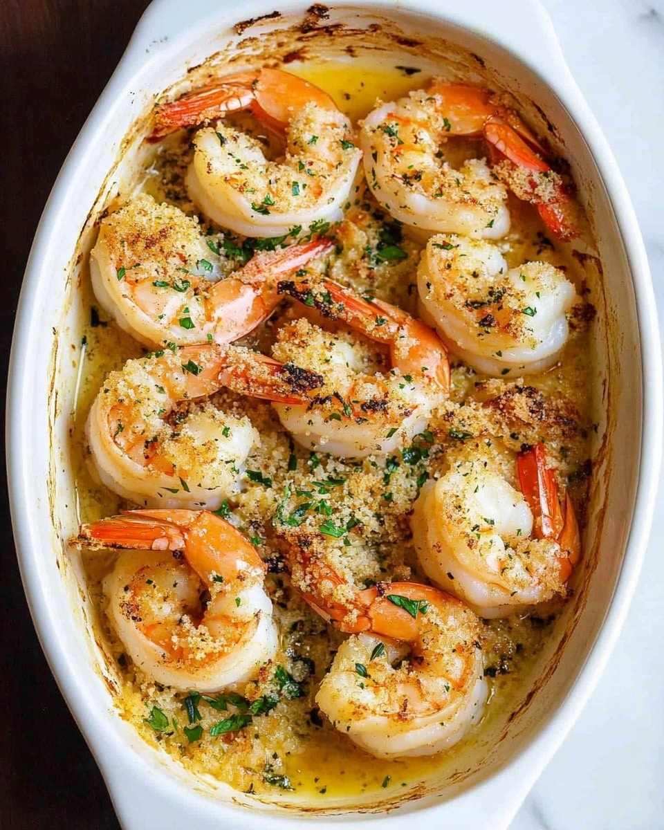 The image shows a white oval dish filled with grilled shrimp. The shrimp are arranged in layers, with the bottom layer made of a creamy, buttery sauce. On top are shrimp with bright orange and white shells, some slightly charred. Each shrimp is topped with a crumbly golden-brown mixture mixed with small green herb pieces. The dish is on a dark cloth on a white marbled surface, with part of another similar dish blurred in the background. photo taken with an iphone --ar 4:5 --v 6.1