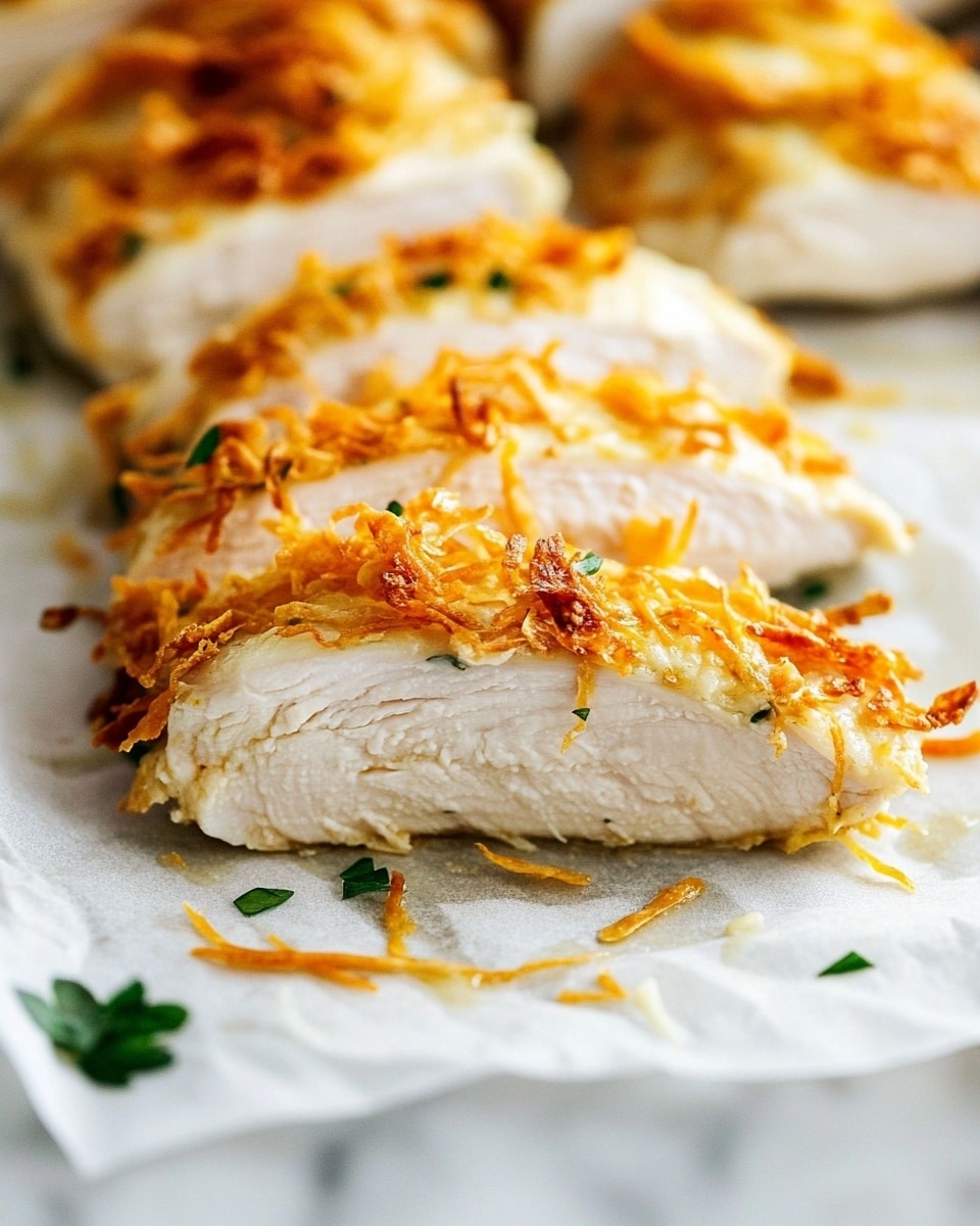 The dish shows several slices of white cooked chicken layered on top of each other on white parchment paper placed on a white marbled surface with a wooden edge. The chicken has a crispy, thin outer layer made of shredded golden-yellow toasted cheese mixed with small bits of green herbs, giving a contrast in texture and color between the smooth white inside and the crunchy cheese coating. Some cheese strands fall loosely around the chicken slices, adding a rustic touch. A small piece of a green herb leaf is visible on the parchment near the chicken. The focus is on the front chicken slices with a creamy soft texture highlighted under the crispy edges. Photo taken with an iphone --ar 4:5 --v 6.1