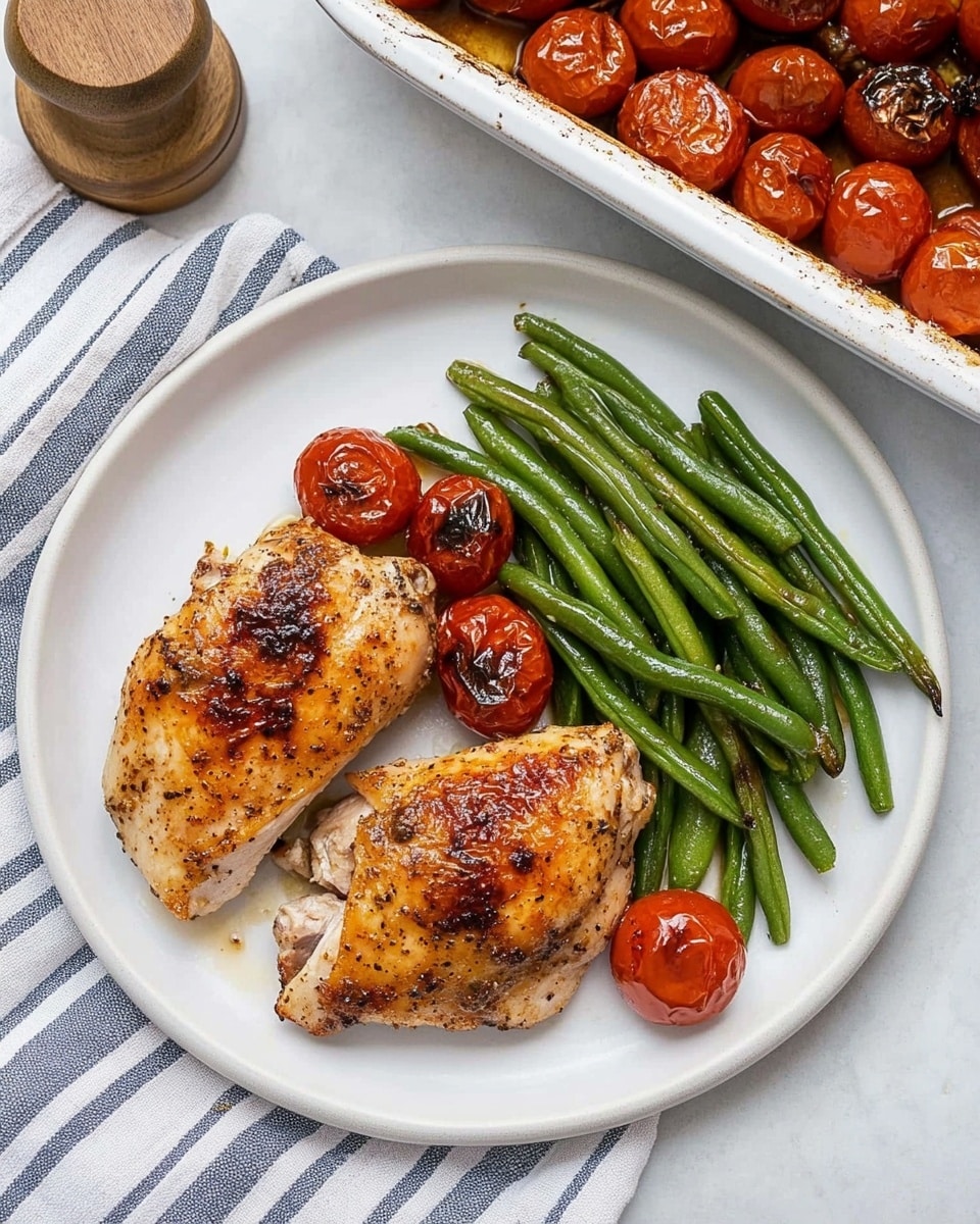 A white plate with three main parts: on the right side, a pile of shiny green beans cooked until soft and slightly browned; in the middle, several slices of light brown cooked chicken arranged in a fanned shape; on top of the chicken and spreading a bit over the plate, halved bright red cherry tomatoes with a glossy look. A silver fork is stuck in the front chicken slice, held by a woman's hand coming from the left side. The plate sits on a white marbled surface with a striped cloth partly visible behind it photo taken with an iphone --ar 4:5 --v 6.1
