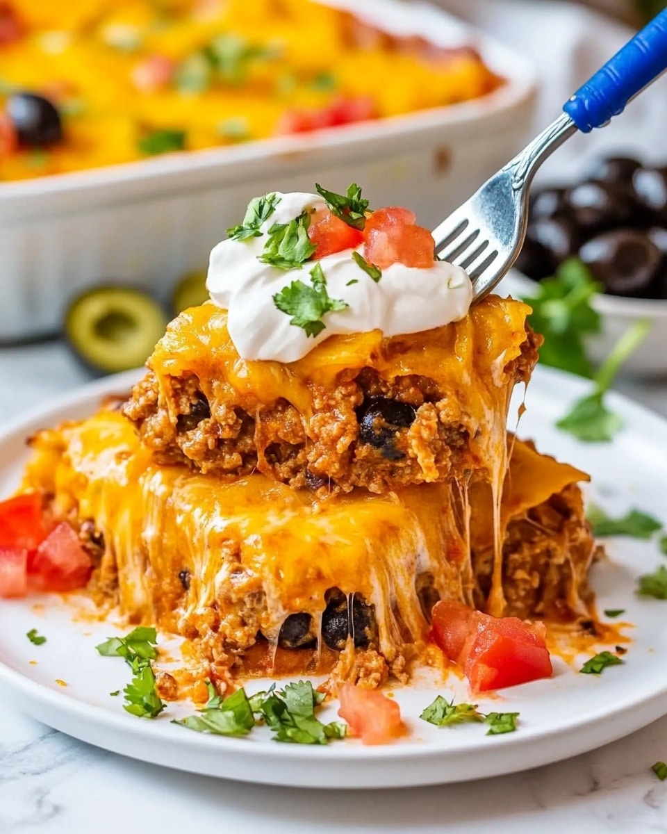 A white plate with a cheesy taco casserole served on a white marbled surface. The dish has three visible layers: the bottom layer is a soft corn or tortilla base soaked with sauce, the middle layer is cooked ground meat mixed with tomato pieces and spices, and the top layer is a thick covering of melted golden cheddar cheese. There is a dollop of white sour cream with small green herbs and a few diced red tomatoes on top. A fork with a blue handle holds a lifted bite showing gooey melted cheese stretch between the fork and the dish. A black olive slice lies on the plate near the food. In the blurred background, there is a white casserole dish filled with more cheesy taco casserole and a small bowl of black olives. Photo taken with an iphone --ar 4:5 --v 6.1
