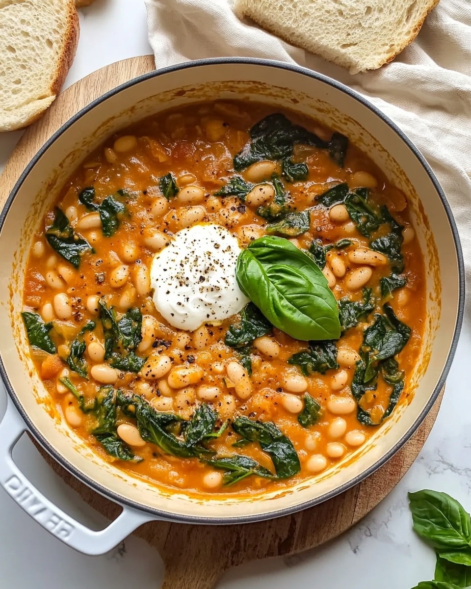 A white bowl filled with a warm stew, showing three main layers: a thick orange tomato-based broth with white beans and small pieces of cooked meat forms the bottom layer, fresh dark green spinach leaves are scattered throughout the stew as the second layer, and three whole fresh basil leaves along with a dollop of white cream sprinkled with black pepper sit on top. A slice of light brown bread rests on the right edge of the bowl. The bowl is placed on a round wooden board on a white marbled surface. In the background, there is a blurry gray pot with dried flowers and an orange cup shaped like a lemon. photo taken with an iphone --ar 4:5 --v 6.1
