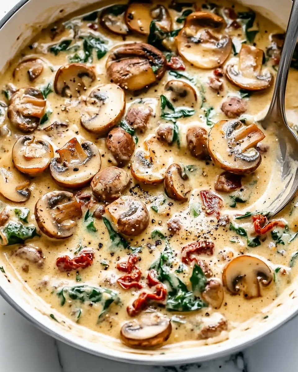 This image shows a creamy mushroom dish in a large white pan. The dish has two main layers: a thick, pale yellow sauce with specks of black pepper and herbs, and on top, whole and sliced mushrooms that are brown with a soft texture. Mixed into the sauce are pieces of dark green spinach and small bits of reddish-orange sun-dried tomatoes, adding color and texture variation. A large silver spoon is partially submerged in the sauce on the right side of the pan. The pan rests on a white marbled surface. photo taken with an iphone --ar 4:5 --v 6.1