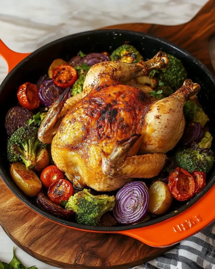 Tuscan Butter Roast Chicken with Roasted Vegetables and Basil Recipe