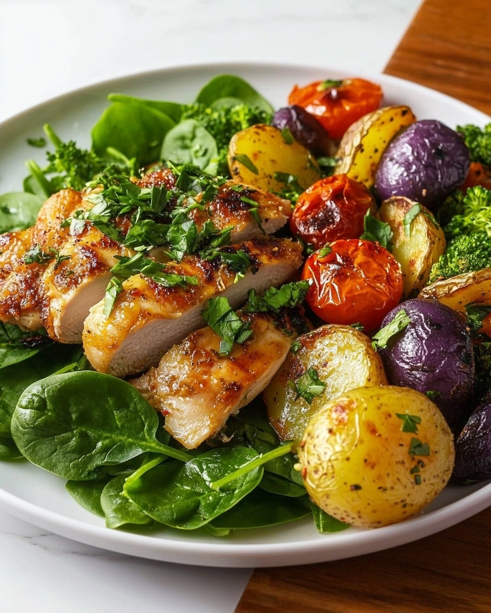 A white plate holds a meal arranged in two main parts on a bed of fresh, green spinach leaves. On the left side, there is a cooked piece of chicken with a golden-brown, crispy skin and some green herbs sliced and scattered on top. On the right side, there is a mix of colorful roasted vegetables including small round yellow and purple potatoes, bright red cherry tomatoes, and green broccoli with some charred edges. The plate is placed on a white marbled surface. Photo taken with an iphone --ar 4:5 --v 6.1