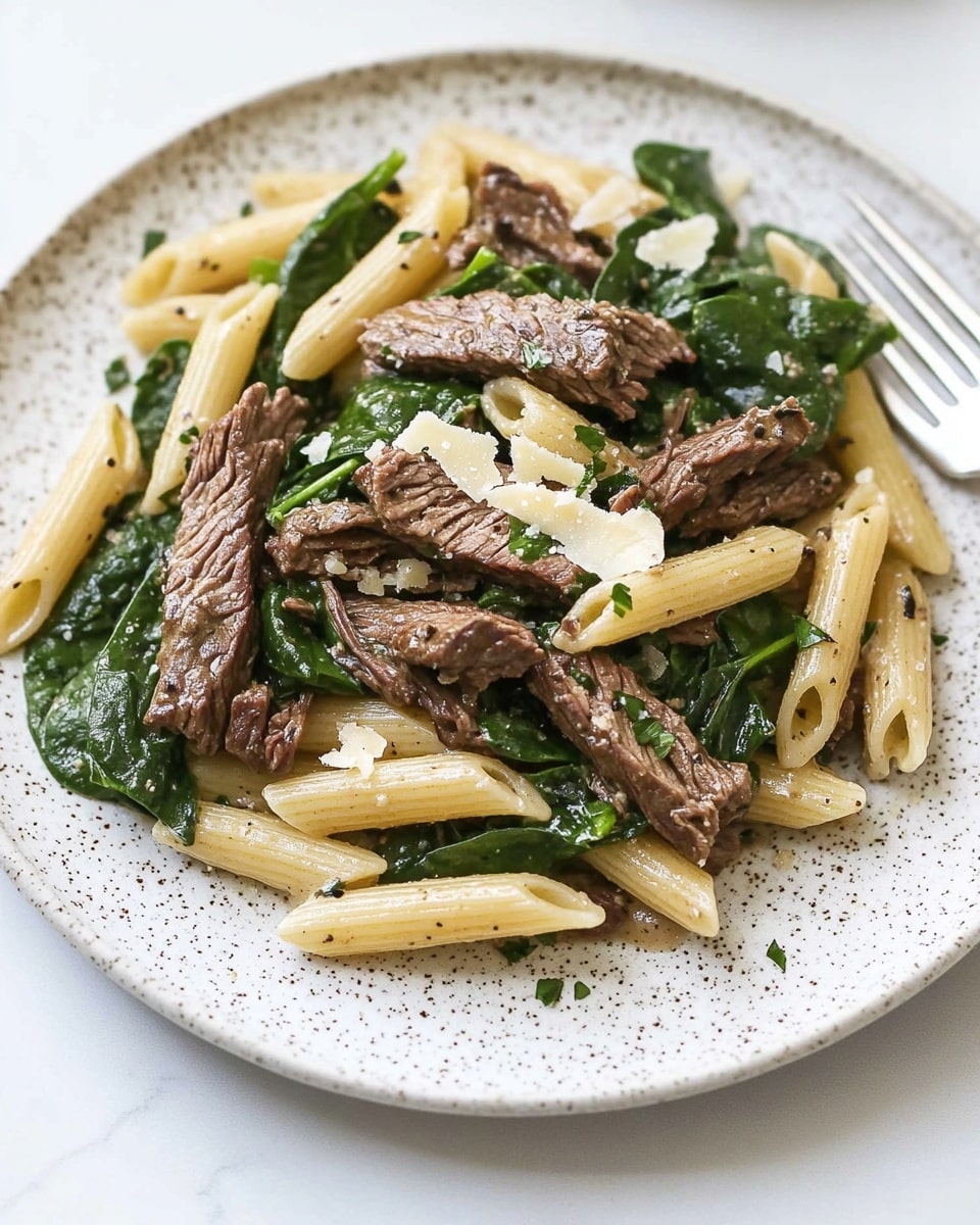 The dish is served on a white plate with small brown speckles. The first layer consists of cooked penne pasta, light yellow in color and smooth in texture, spread evenly across the plate. On top of this lies a mix of dark green spinach leaves with a slightly wilted, shiny look. There are several pieces of cooked beef strips, brown with a juicy texture, scattered over the pasta and spinach. Small bits of white cheese are sprinkled on top, along with small chopped green herbs that add a fresh appearance. A silver fork rests on the edge of the plate. The background surface is a white marbled texture photo taken with an iphone --ar 4:5 --v 6.1