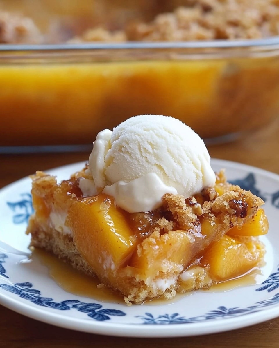 A white plate holds a square slice of peach cobbler with visible large yellow peach chunks inside a soft, golden-brown baked layer. On top, there is a crumbly, light brown topping mixed with pieces of nuts, giving a crunchy texture. A scoop of smooth, white vanilla ice cream sits on the top center of the cobbler slice, slightly melting and blending with the thick, glossy peach syrup flowing over the edges of the slice and onto the plate. In the background, a clear glass rectangular dish filled with more peach cobbler is partially visible, resting on a white marbled surface. Photo taken with an iphone --ar 4:5 --v 6.1