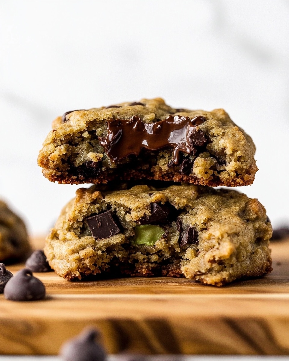 A close-up image of a stack of three chocolate chip cookies on a wooden surface with a white marbled texture background. The bottom cookie looks thick and dense with visible bits of oats and melted chocolate chips throughout, showing a rough, chewy texture. The middle layer cookie is broken in half, displaying a moist, soft inside filled with dark chocolate chunks and small green flecks, possibly from zucchini. The top cookie half reveals a crumbly, slightly crunchy top with two prominent glossy chocolate chips poking out. The colors range from golden brown to dark brown (chocolate), with the green hints adding a fresh touch. photo taken with an iphone --ar 4:5 --v 6.1