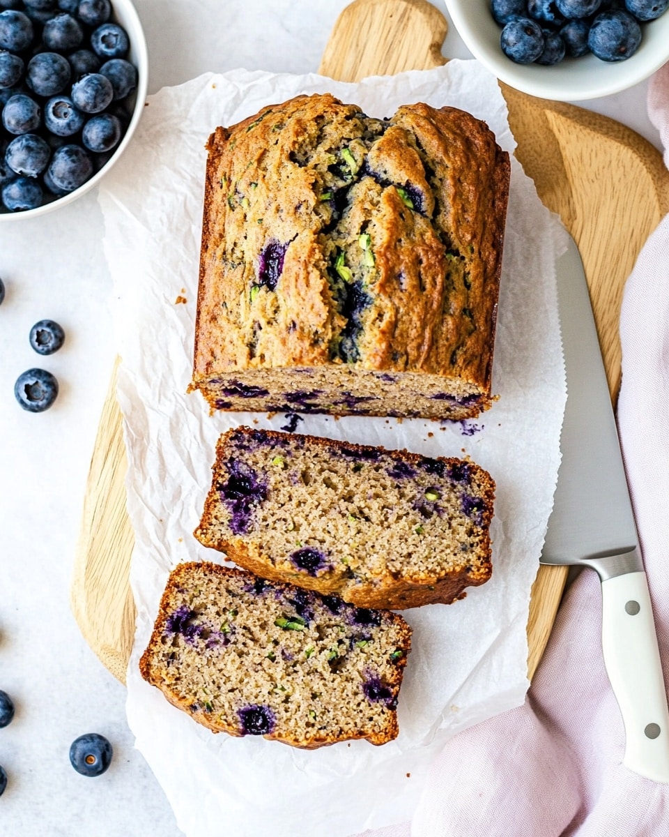 A loaf of blueberry zucchini bread is sliced into four parts and laid on white parchment paper on a wooden cutting board. The bread has a light golden brown crust with visible blueberry spots and green zucchini shreds inside. The slices show a soft, moist, and textured light brown inside with many blueberries scattered through the dough. Nearby, several fresh blueberries are scattered on a white marbled surface, along with a white bowl filled with more blueberries. A white plate with one slice of the bread rests on the surface top left. A knife with a silver blade and white handle is placed beside a light pink cloth on the right side. photo taken with an iphone --ar 4:5 --v 6.1