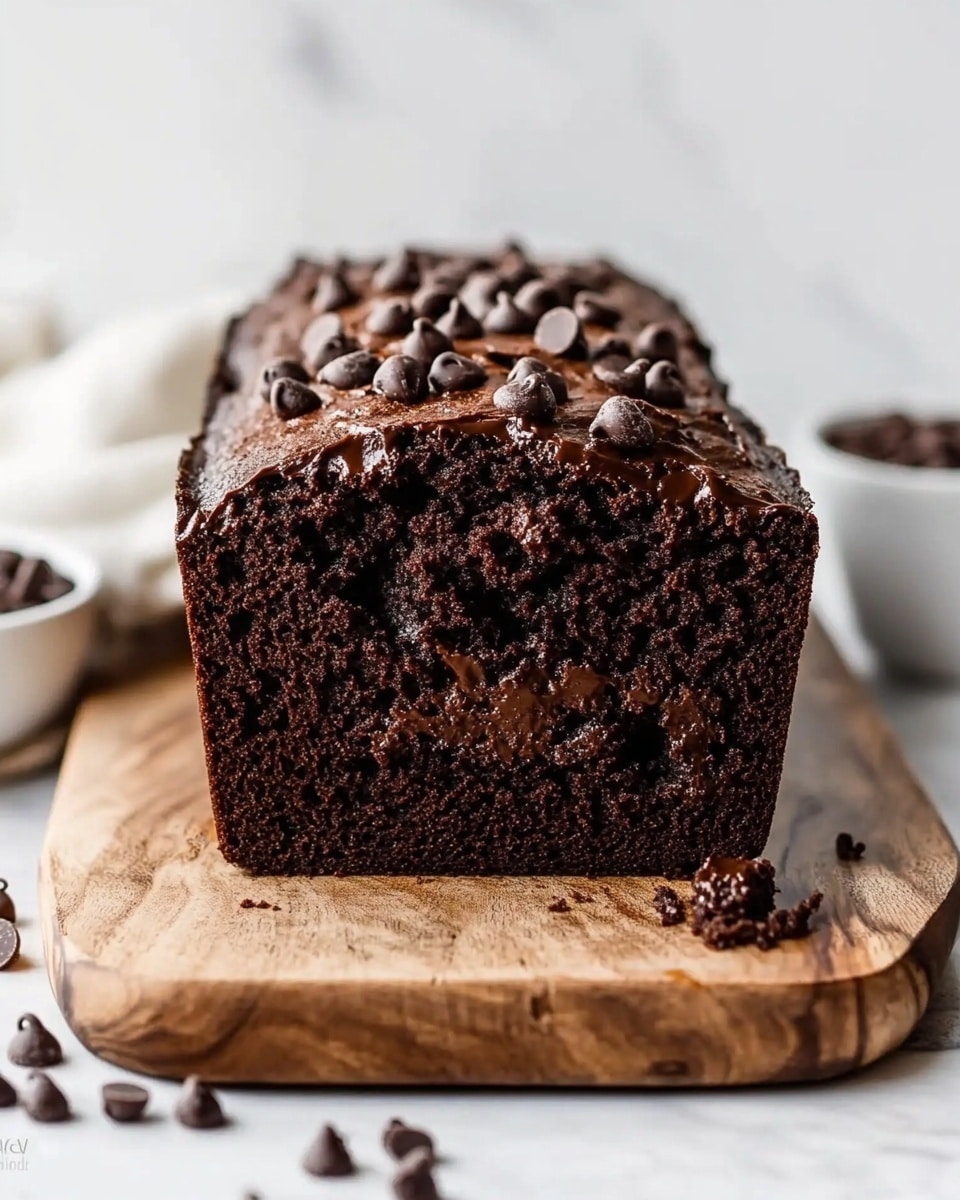 The image shows a thick loaf of chocolate cake sliced open, revealing its moist, dark brown interior with a slightly crumbly texture. The top layer is studded with small chocolate chips that add texture and depth. The cake sits on a wooden board placed on a white marbled surface, with a small white bowl holding extra chocolate chips to the side. The background is simple and light, keeping focus on the rich, dense cake. Photo taken with an iphone --ar 4:5 --v 6.1