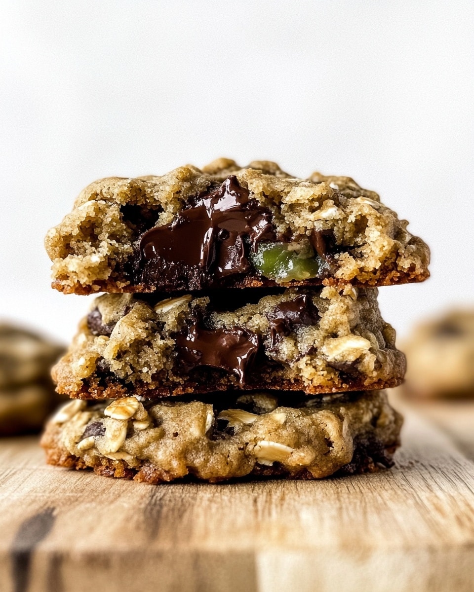 There are fourteen round cookies on a silver cooling rack over a white marbled surface. The cookies have a rough texture with visible oats and small dark chocolate chips scattered on top and inside. The cookies are golden brown with hints of green specks throughout, likely from zucchini. A light green cloth is partially visible on the left side of the image. photo taken with an iphone --ar 4:5 --v 6.1
