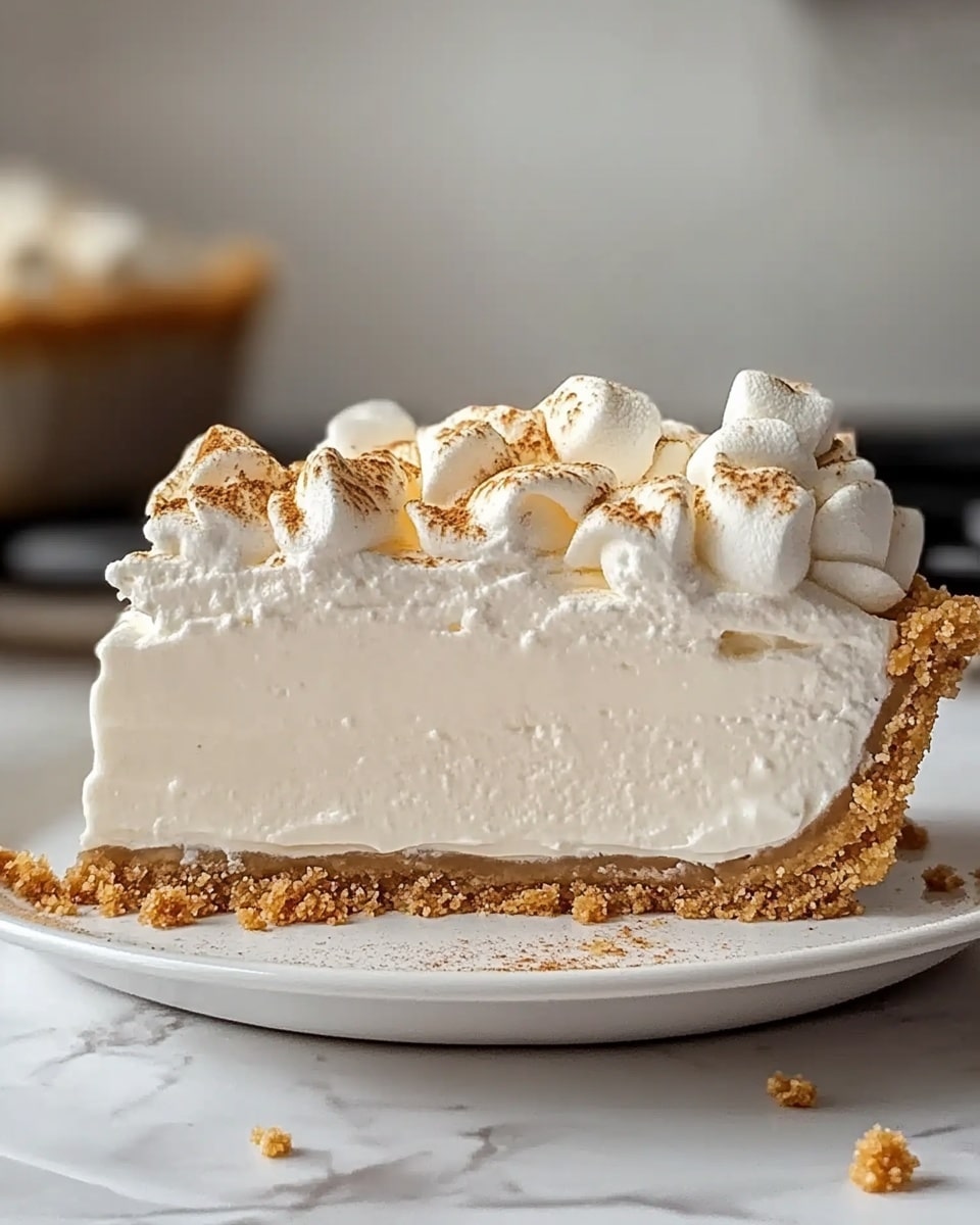 A slice of pie sits on a white plate with a crumbly golden brown crust as the bottom layer, topped by a thick, smooth white cream middle layer. On top, there is a generous swirl of white whipped cream forming a soft, fluffy layer, decorated with toasted marshmallows that are light yellow with brown spots. The scene is set on a white marbled surface with a blurred kitchen background. photo taken with an iphone --ar 4:5 --v 6.1